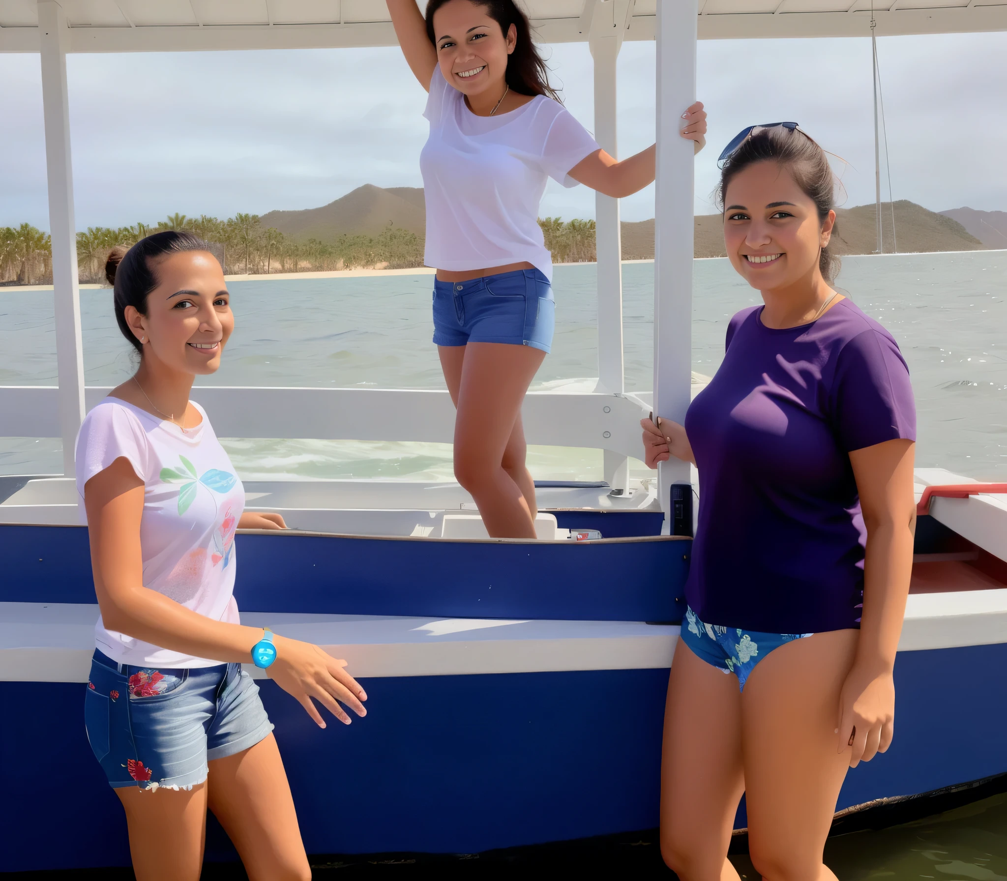 there are two girls standing on a barco on the water, modelagem para doce e gabanna, on a barco, bottom angle, pose divertida, posing for the camera, barco, posando!!, foto pov, family, premiado, me divertindo muito, no oceano, camaradagem, slide show, family photo, foto de grupo, no ocean water, vacation photo