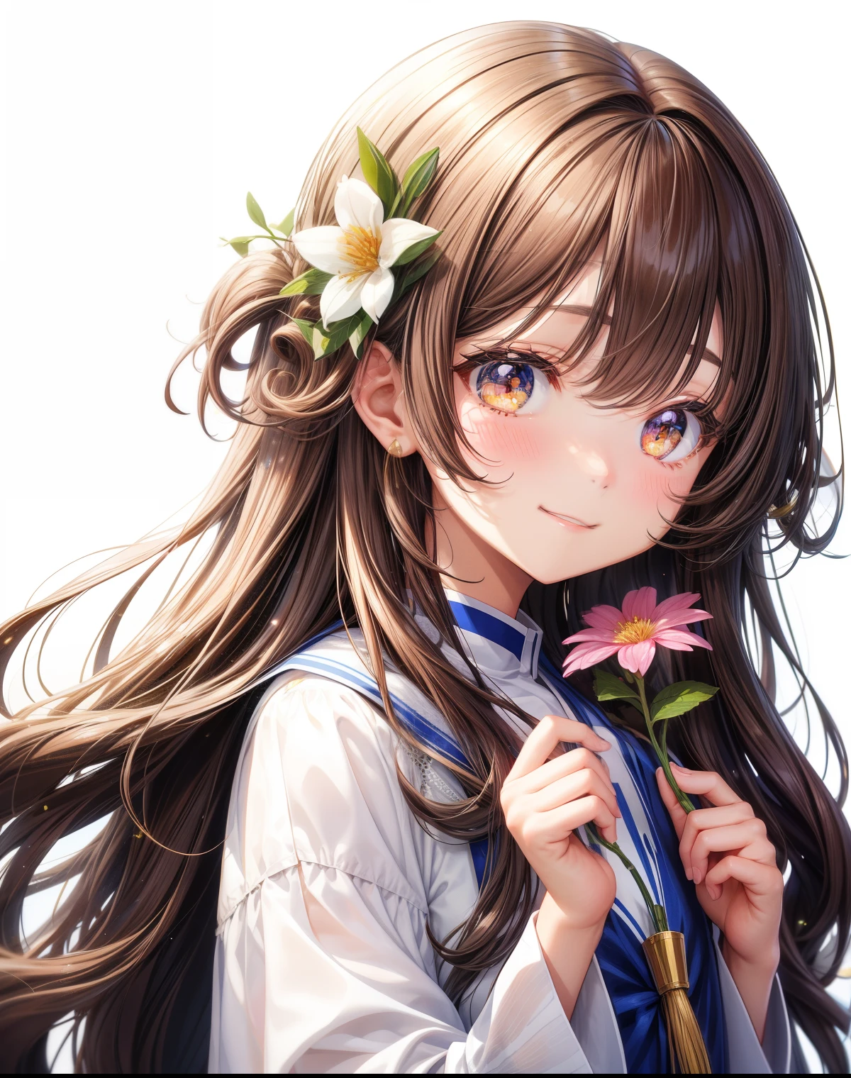 girl、white background、no background、カールしたlong hair、long hair、curly hair、contrasting bangs、brown hair、My eyes are sparkling、highlight、flower、flowerかんむり、髪の毛にflowerがついている、fluffy、All are displayed、photograph all hair、blush、smile、cute、no background