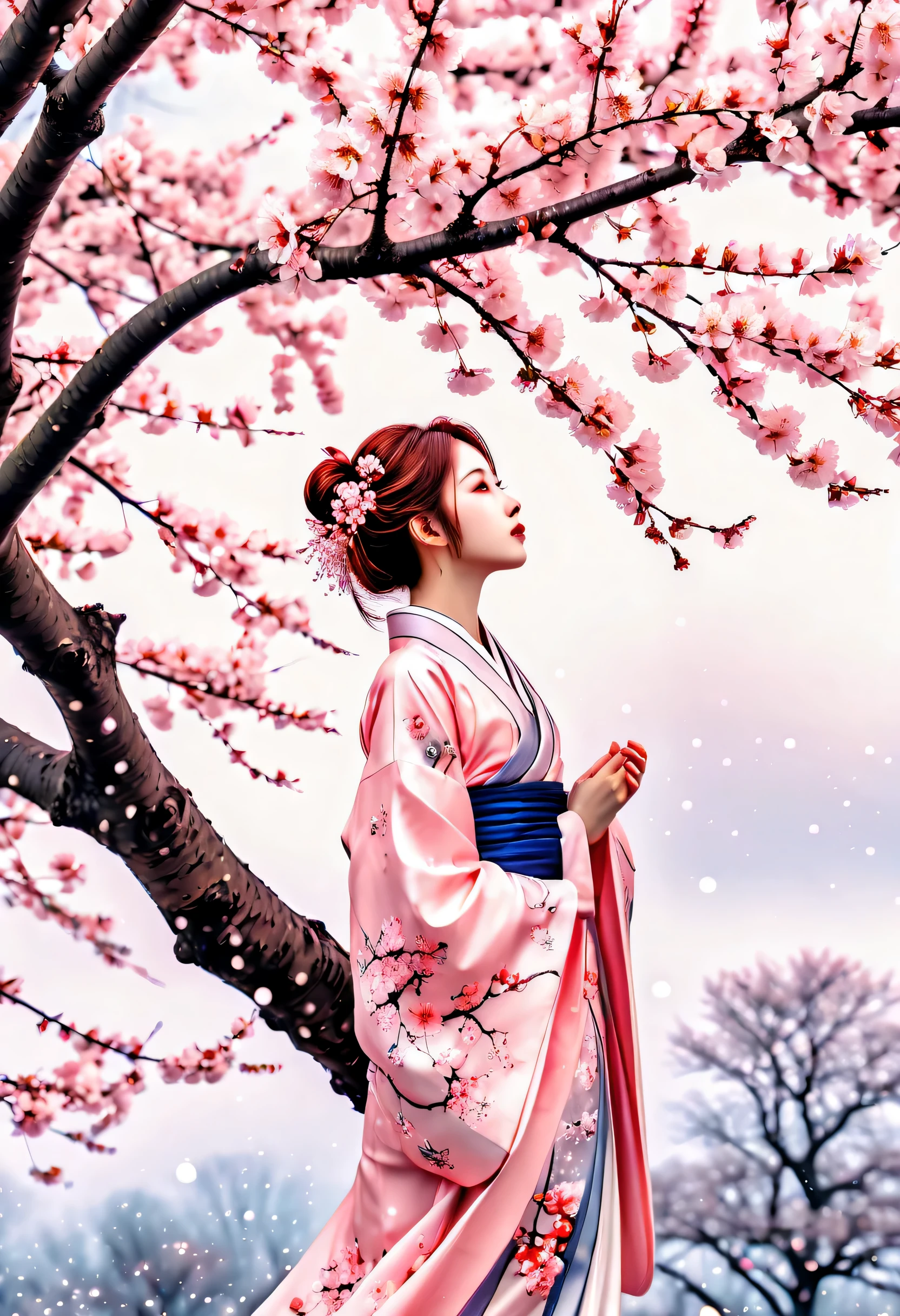  An elegant cherry blossom maiden looking upwards, look up with a calm expression, spring, (((A lone bloom on a towering cherry tree:1.3))), A dark rain began to fall, rain starts to fall around, Exceptional clarity, stunning watercolor illustration, highest quality, Delicate features are emphasized, vibrant and rich, Intricate details that highlight beauty, 