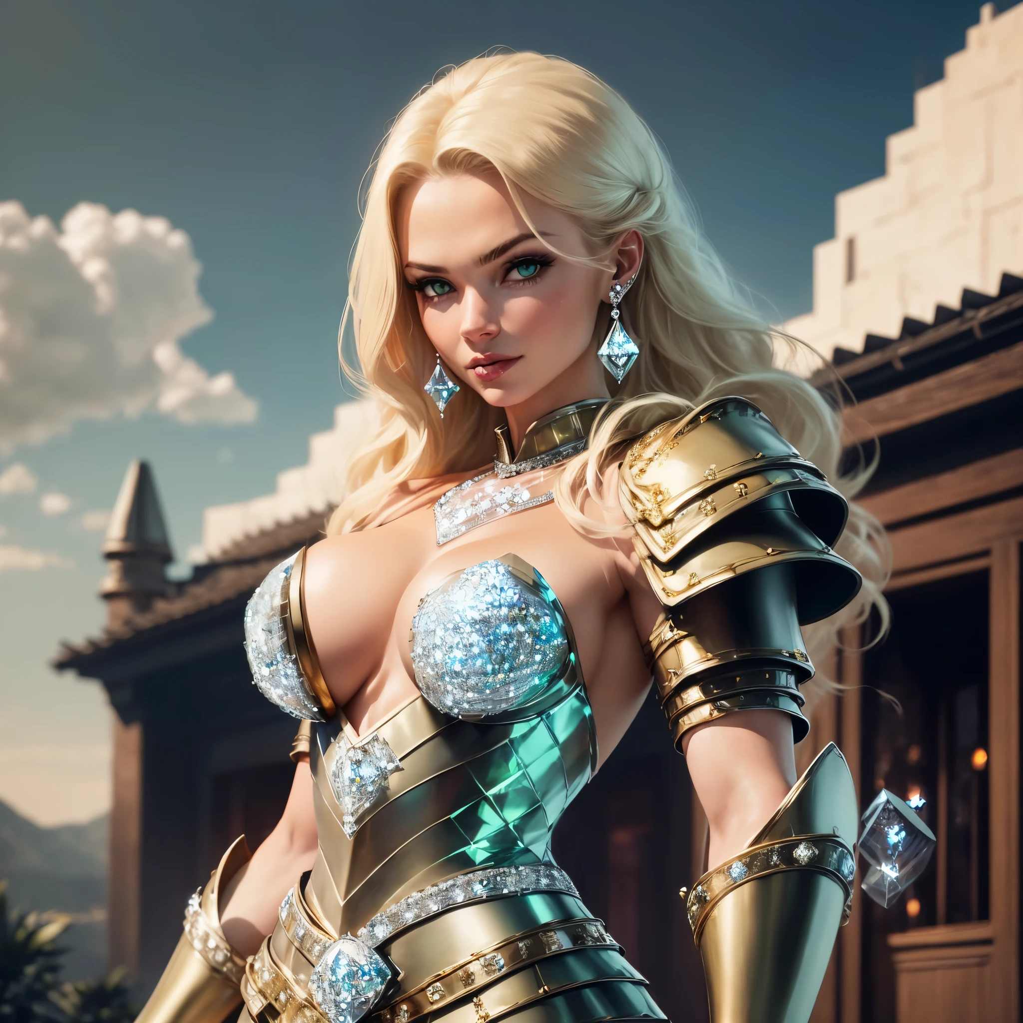 Medieval fantasy setting, masterpiece, extremely beautiful twenty years blonde Sweden woman, sexy armour ((full of many diamonds plate:1.8)), ((diamond armour)), confident, powerful, strong, fit, long wavy blond hair, warrior, luxury, beauty, beautiful intense green-eyes, determined face, slightly smiling, Caucasian european, intense, sunset