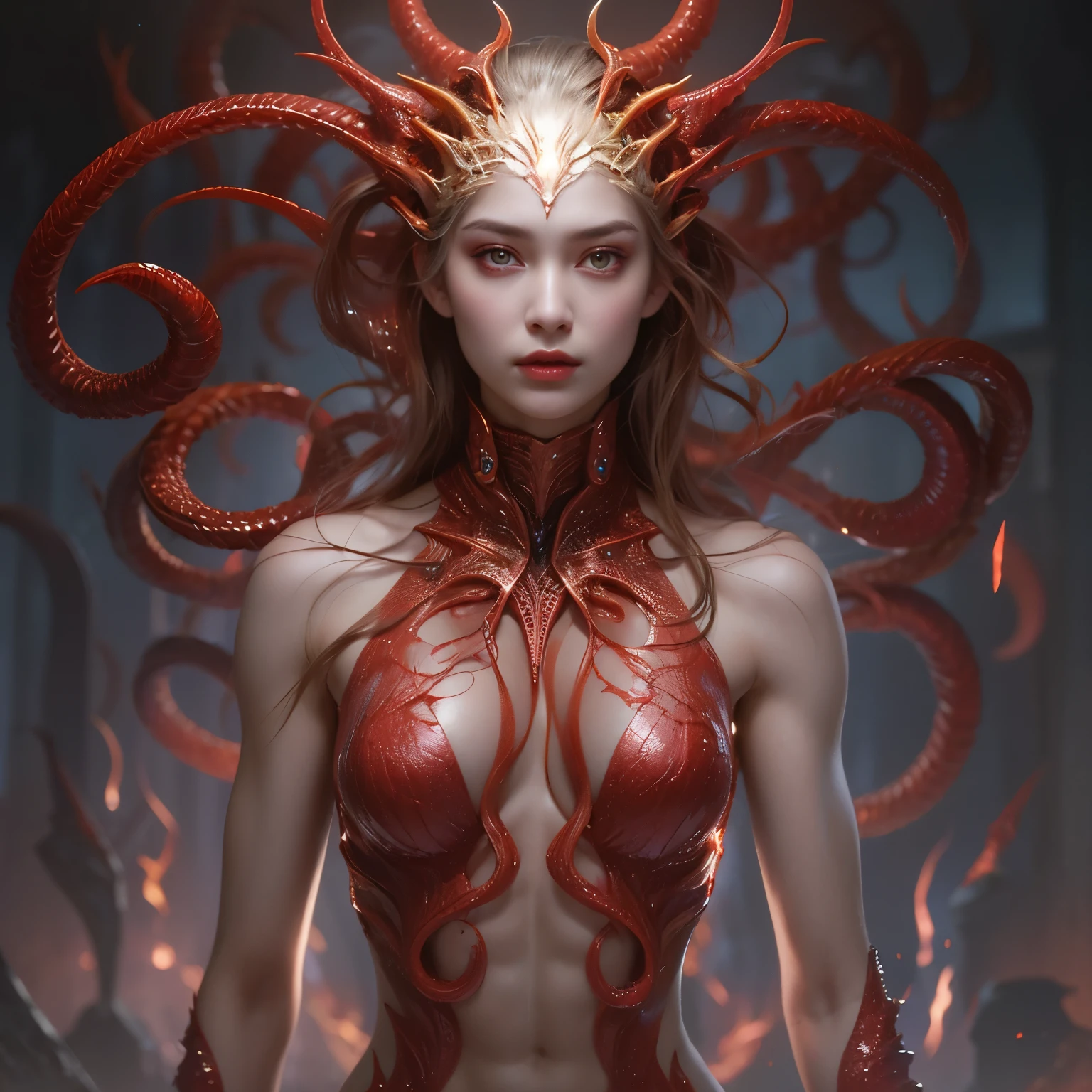 (1 female Alien: 1.2), With a beautiful, enchanting face, this alien seduces us with her allure. Her captivating red eyes gleam brightly, reminiscent of burning embers. Her full body is unlike any human's, boasting a sexy, otherworldly form. No humans are present in this scene as she stands alone, her cells fused in a unique and intriguing extraterrestrial way.
(extraordinary beautiful nude photo:1.4), (glowing ruby eyes:1.5), (sexy and glamorous:1.1), (coquettish expression:1.2), toned lean body, (muscular:1.2), (beautiful abs:1.5), beautiful nipples, She has lots of iridescent translucent tentacles instead of her hair, pale skin, (white skin with prominent veins:1.3),
Lots of iridescent translucent tentacles adorn her body, shimmering under the dramatic lighting. Her pale skin, with a hint of translucency, adds to her ethereal allure. This masterpiece, rendered in