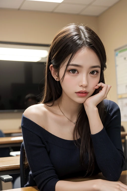 Best Quality, Masterpiece, Ultra High Resolution, (Realistic:1.4), Original Photo, 1girl, ((White Shirt)), ((Small Chest)), Cool Light, Classroom, Night Scene, Black Silk