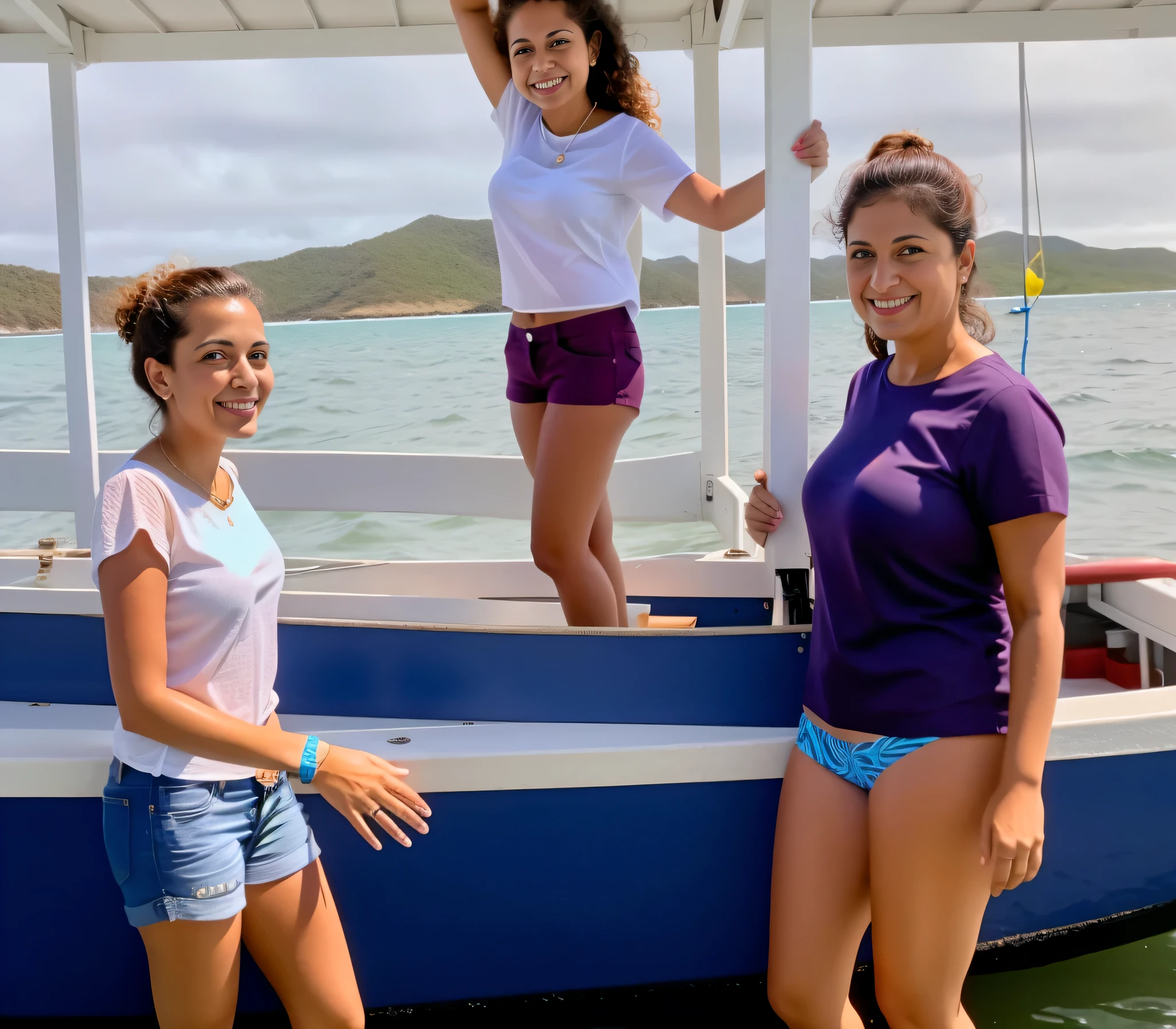 there are two girls standing on a barco on the water, modelagem para doce e gabanna, on a barco, bottom angle, pose divertida, posing for the camera, barco, posando!!, foto pov, family, premiado, me divertindo muito, no oceano, camaradagem, slide show, family photo, foto de grupo, no ocean water, vacation photo