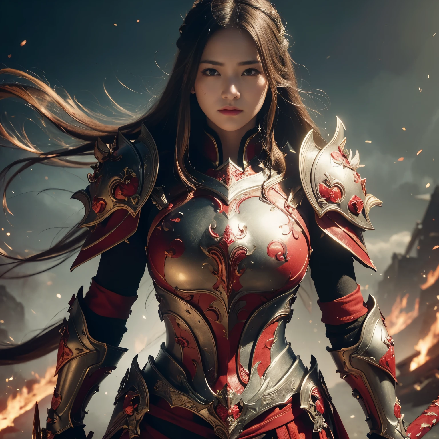 (((Realistic, masterpiece, best quality, crisp detail, high definition, high detail, sharp focus, perfect studio lightning))), girl wearing heavy golden armor, japan style armor, full body armor, full decorated armor, damaged armor, long straight hair, dirty, sweating, bloodstained face, blood scattered armor, bloodbath, carnage, swinging long blood scattered sword against cursed warriors, an epic war, fire everywhere, smoke everywhere, blood everywhere, death everywhere, japan edo period, brutal battle background