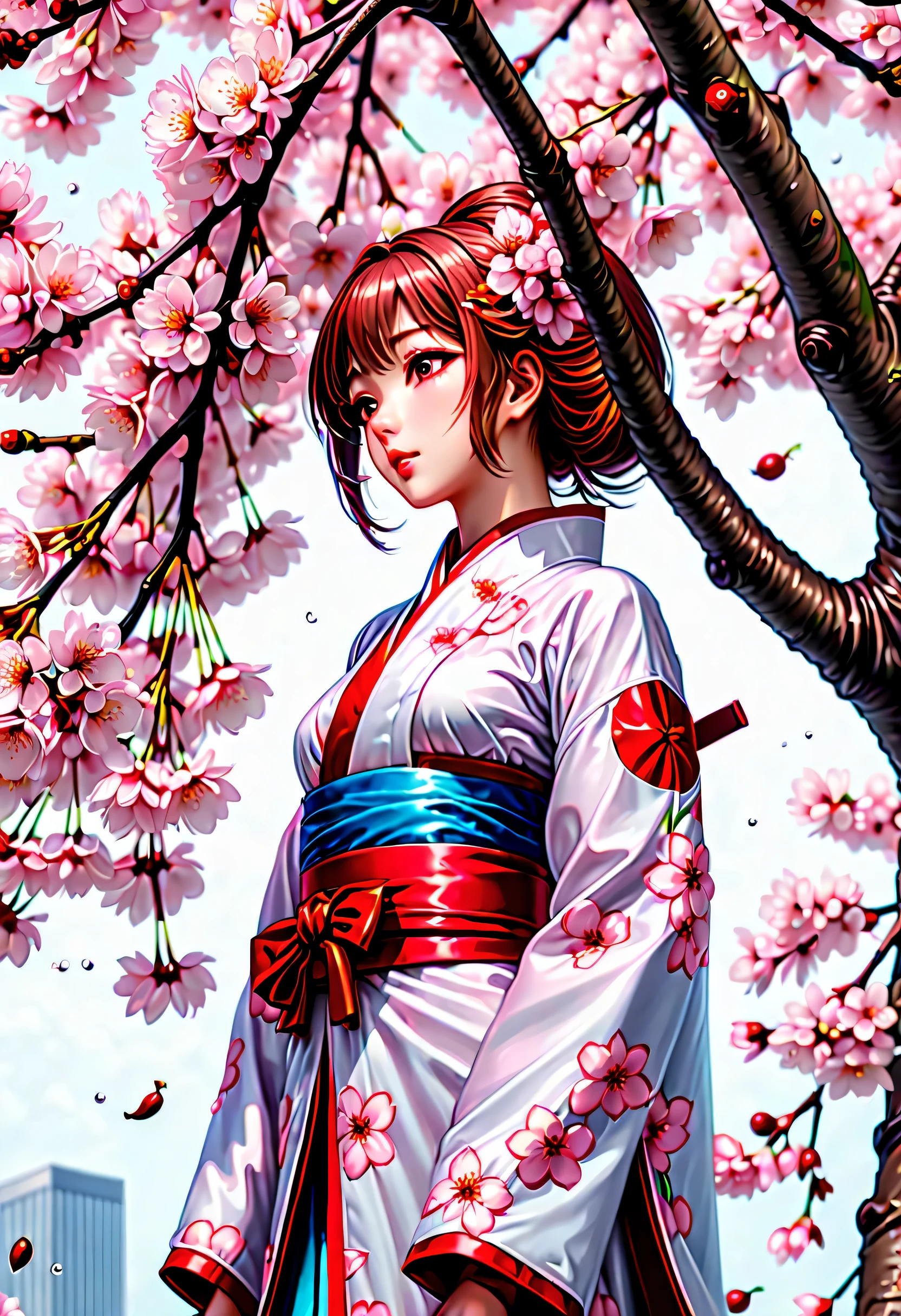  An elegant cherry blossom maiden looking upwards, look up with a calm expression, spring, (((A lone bloom on a towering cherry tree:1.3))), A dark rain began to fall, rain starts to fall around, Exceptional clarity, stunning watercolor illustration, highest quality, Delicate features are emphasized, vibrant and rich, Intricate details that highlight beauty, 