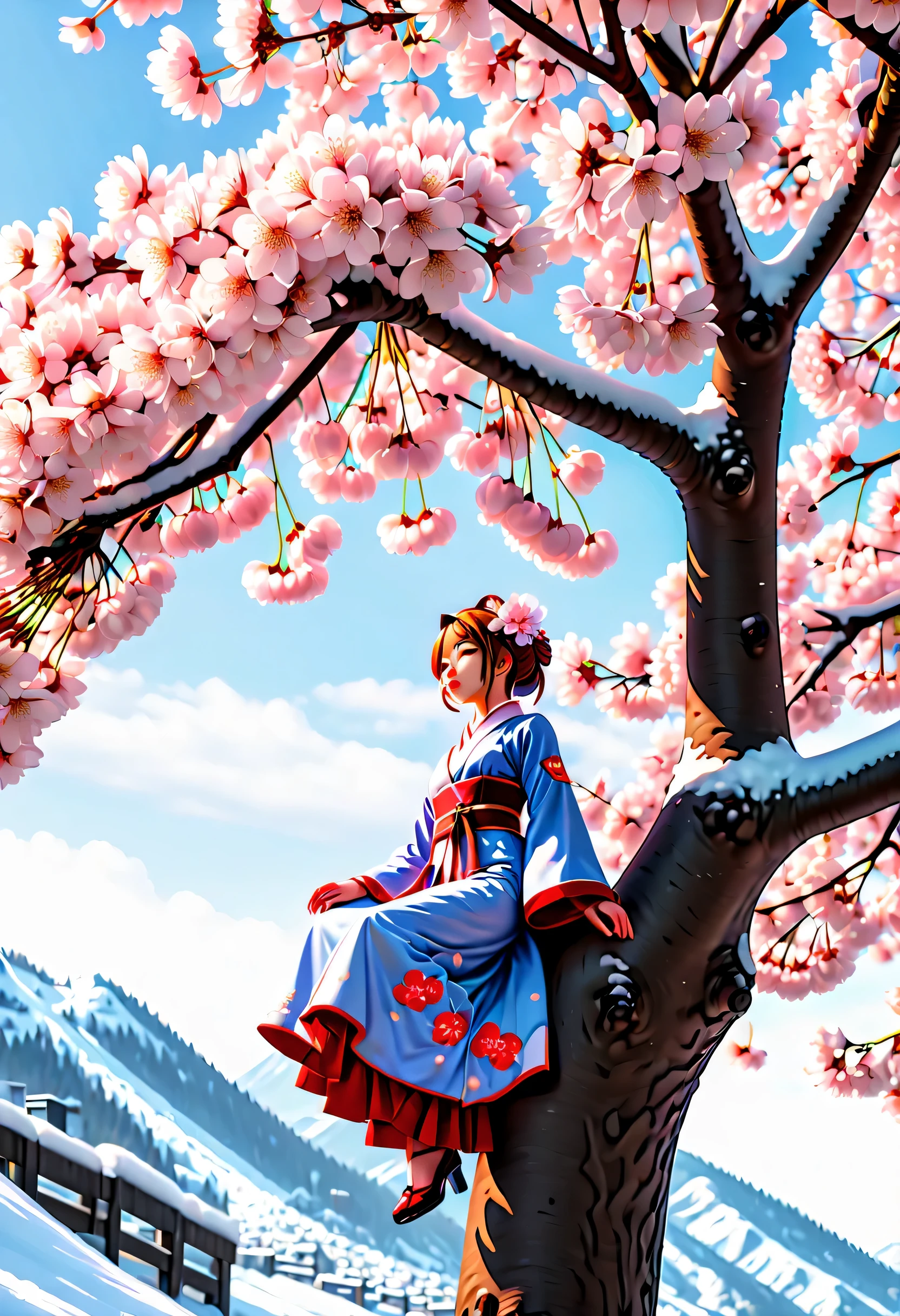  An elegant cherry blossom maiden looking upwards, look up, (((A lone bloom on a towering cherry tree:1.3))), it started to snow, Snow begins to fall around, Exceptional clarity, stunning watercolor illustration, highest quality, Delicate features are emphasized, vibrant and rich, Intricate details that highlight beauty, 