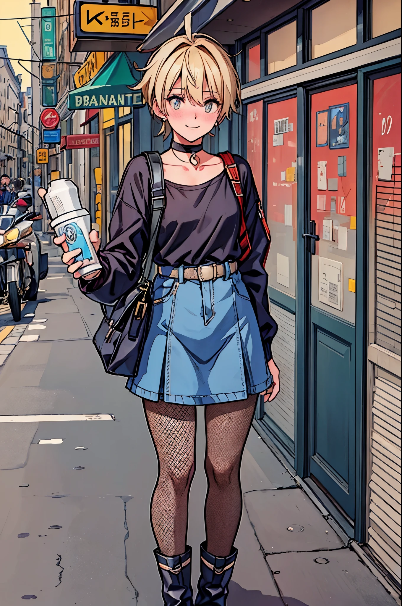 "best quality,ultra-detailed,((background:outside the park1,8)),(one boy),(full body),portraits,((sissy boy,tomboy,FemBoy,trap1,8)),bulge1,8,(natural makeup),black choker,necklace,earrings,(short blonde hair),boy's face,boys body,((nose-blush)),((grin)),((street-casual-style)),(Parker),(fishnet-pantyhose),(engineer-boots),(he’s having shoulder bags),vibrant colors,soft lighting"