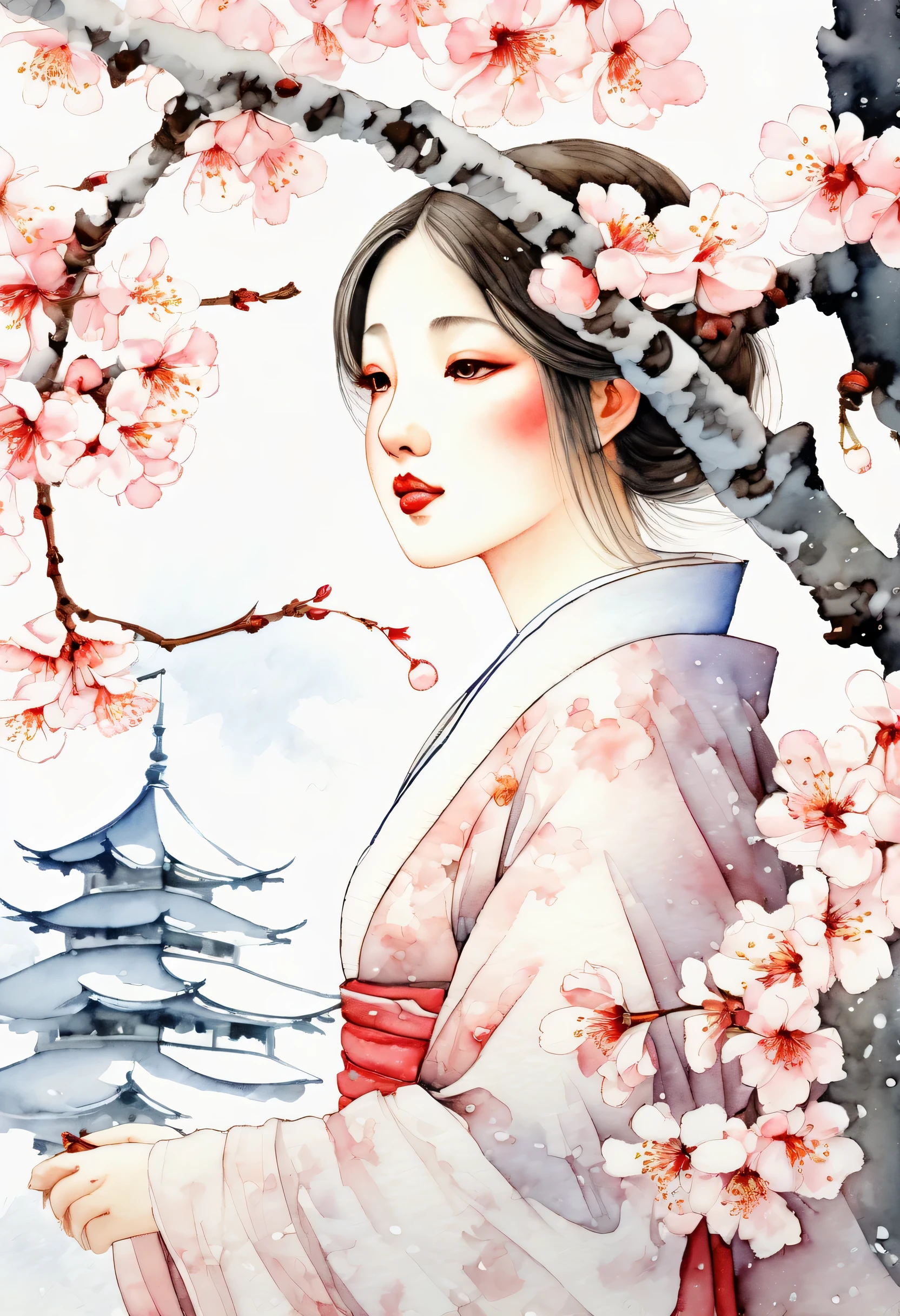  An elegant cherry blossom maiden looking upwards, look up, (((A lone bloom on a towering cherry tree:1.3))), it started to snow, Snow begins to fall around, Exceptional clarity, stunning watercolor illustration, highest quality, Delicate features are emphasized, vibrant and rich, Intricate details that highlight beauty, 
