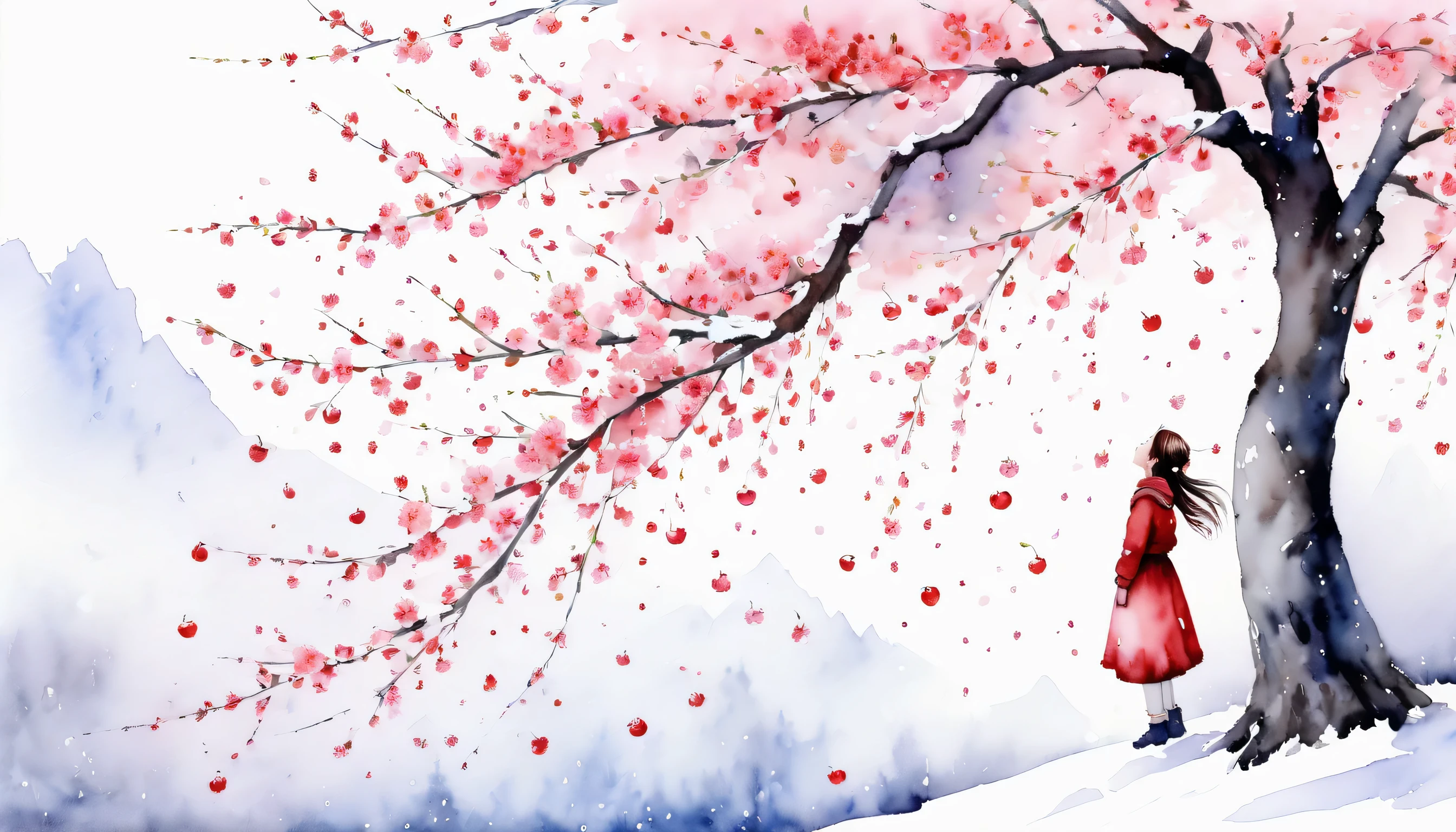 Dark fantasy of a cherry blossom maiden looking upwards, look up with a calm expression, spring, (((A lone bloom on a towering cherry tree:1.3))), A dark rain began to fall, rain starts to fall around, Exceptional clarity, stunning watercolor illustration, 最high quality, Delicate features are emphasized, vibrant and rich, Intricate details that highlight beauty, Intricate details and attractive colors, high quality, 最high quality, dark tone contrast, absurd solution,