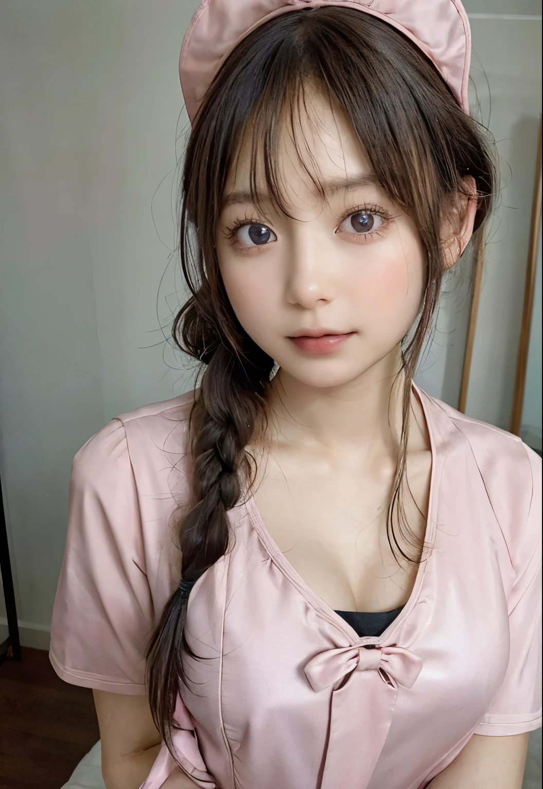 Masterpiece, Ultra-detailed, ultra high resolution, (Real and lifelike photos: 1.37), light color、detailsなパンティーパターン、focus、HD RAW color photography, extremely delicate and beautiful, 非常にdetails, 8k Wallpaper, amazing, (8k, original photography, top quality, Masterpiece: 1.2), details, 非常にdetailsな目, 非常にdetailsな肌, 非常にdetailsな指, h非常にdetails nose, 非常にdetailsな口, perfect anatomy,1 girl in, vague, vague background, Blurred foreground, blush, braid, huge山雀, depth of field, Eyebrows visible through hair, hair between eyes,short hair,alone, huge 、nogizaka idol、korean idol、Posing a gravure idol、18 years old adult female、High,korean idol、nogizaka idol、Posing a gravure idol、(((pink nurse uniform:1.3)))、Black thigh high socks for emphasis、open cleavage,((Big breasts:1.4))、G cup slim figure、model figure、model standing、