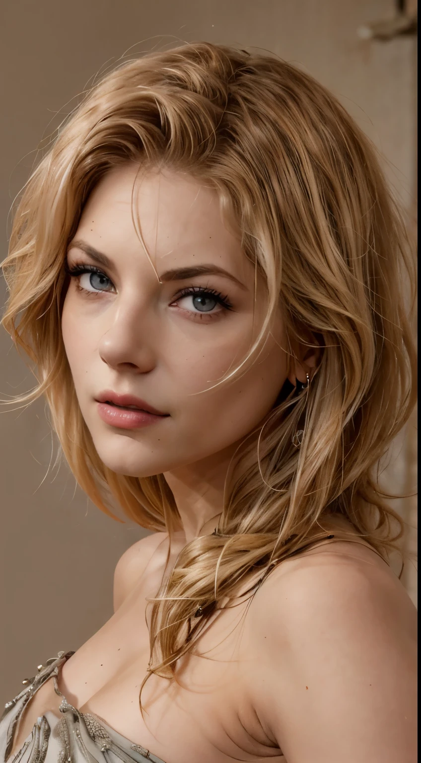 Skin Tight Black Top、look at viewer、cinematic lighting、perfect、soft light、High resolution skin, realistic skin texture、30 year old mature woman、small face、no makeup、off shoulder、、red eyes、short hair、dark brown hair、full nude、gray background、

