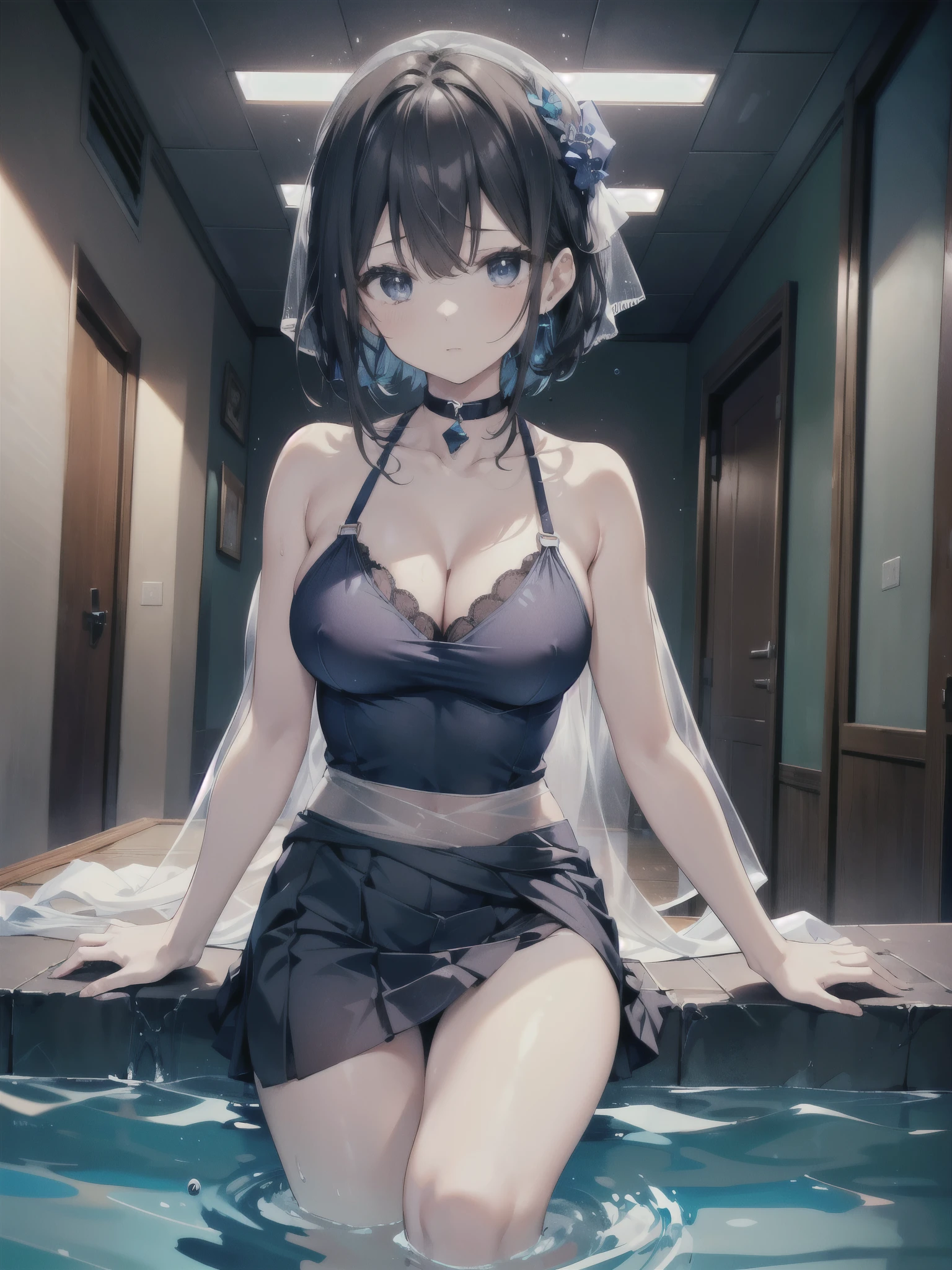 A 27-year-old female office worker enjoys her holiday at the indoor pool.、dark brownの髪色でロングボブヘアーです、A blue cloth covers the area from 4cm below the right collarbone to the bottom of the left nipple, a dark blue cloth covers from 4cm below the left collarbone to the bottom of the right nipple, and a white cloth covers the lower half of the cleavage. swimsuit tops、Navy blue swimsuit panties with ribbons on the sides、A white, transparent cloth is wrapped around the waist to form a skirt so that the panty line is visible.、The ceiling and walls are made of glass、You can see the night sky outside the glass、It's late night now
