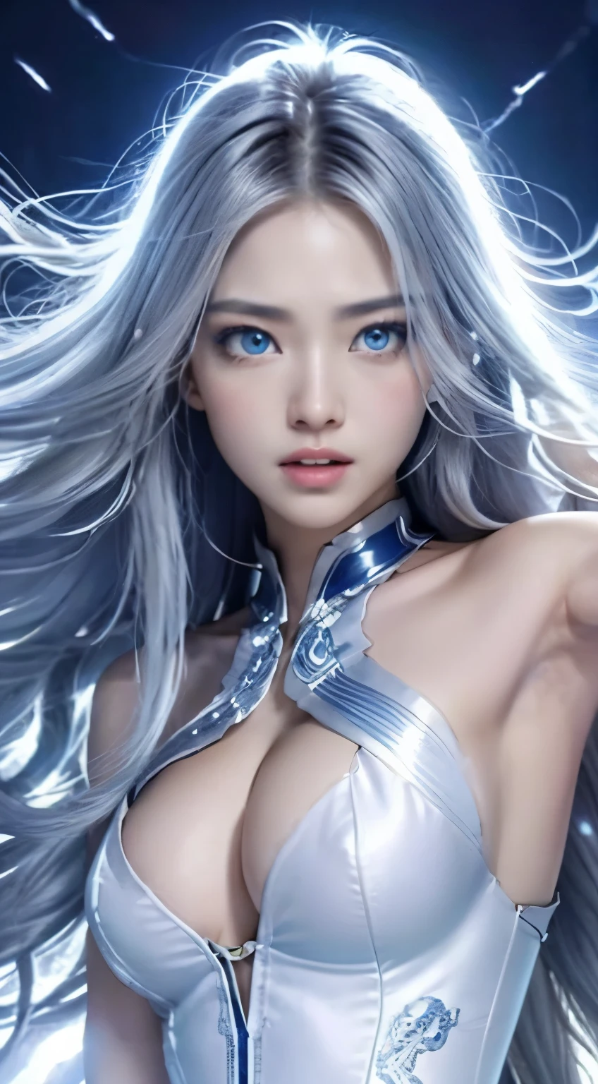 Rising Flash、Cracking Earth、Stand strong with your feet on the ground、Front power-up、Heroic proportions,  body symmetrical ,, Features of a symmetrical body, body meshes, slender symmetrical body, realistic body structure, Symmetrical body、Realistic skin texture delicately expressed in every detail、Realistic muscle expression、irate、A look full of madness、femele、long hair with blue highlights on gray hair,,,,,,,、sharply opened eyes、Luminescent blue eyes、Increases the luminescence of the eyes、Long hair that stands on end in an updraft、White clothes with intricate décor、Soaring ice、Blue haze、Blue、Close-up of facial expressions from the front、Battle Pose、Poses that express a sense of dynamism