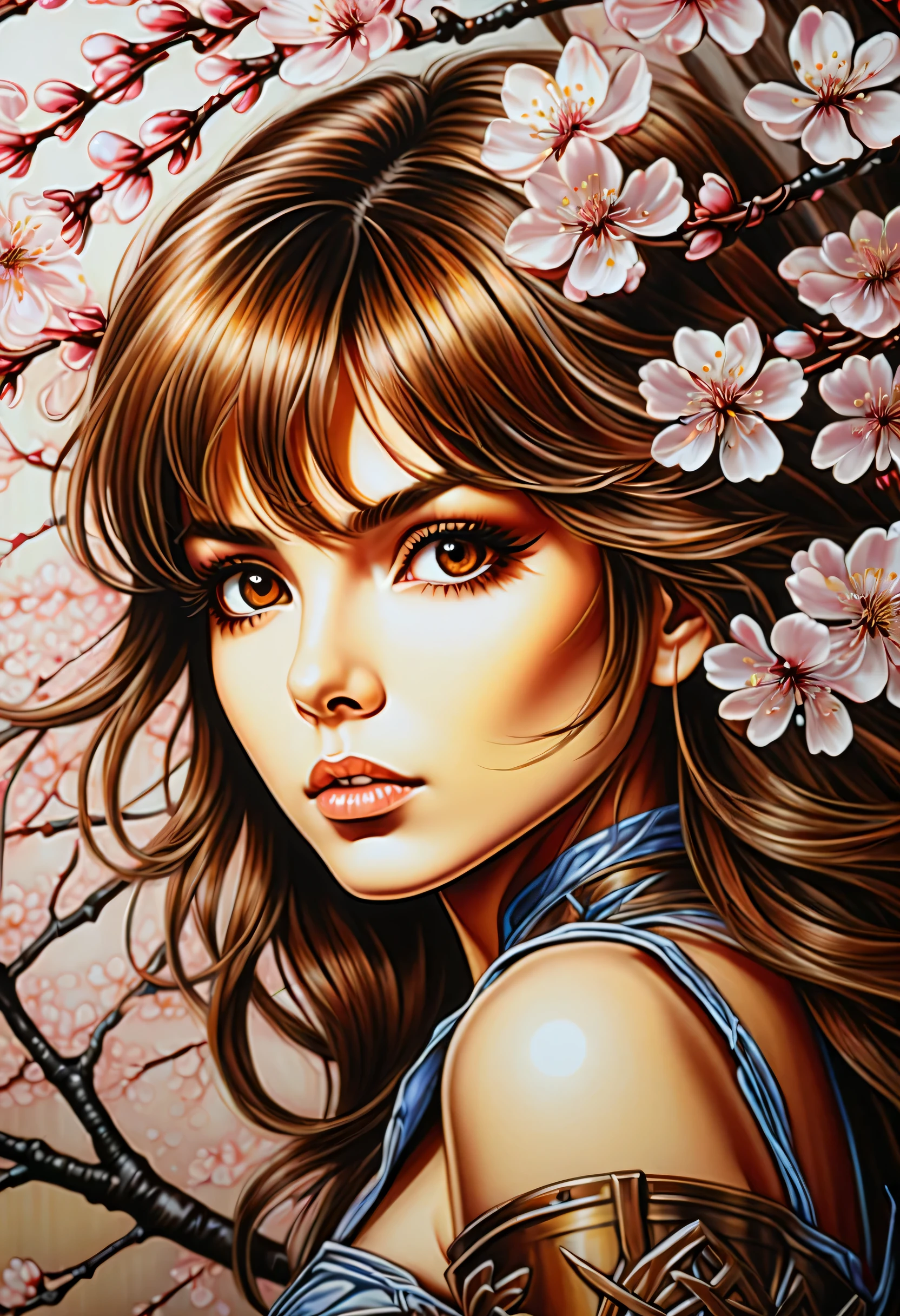 Great bright and bold illustrations, Beautiful detailed brown eyes with a dim glow, iron maiden, medium focus shot, Made of glass with a cherry blossom design, Beautiful detail shine, Intricate detail flower line effect, Like an oil painting, great picture, absurd solution, 16k,