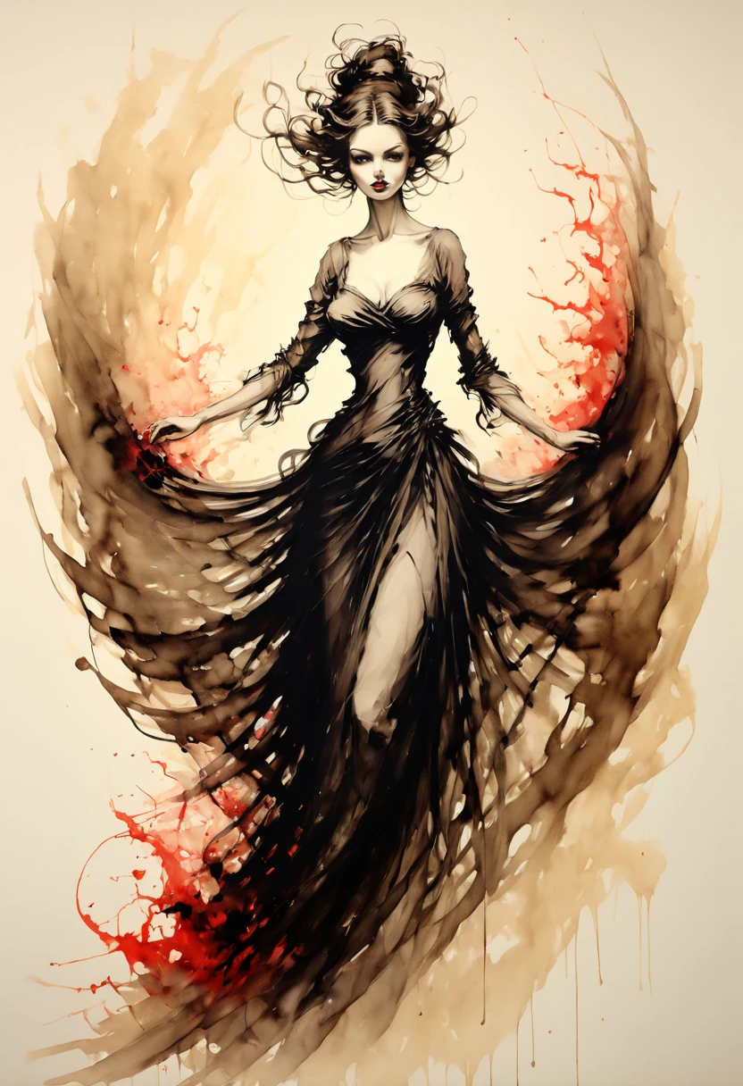 High Resolution, High Quality . Norman Lindsay and Mark Ryden style. alcohol ink color sketch featuring a woman entangled in a dance with a devil, masterful graphic composition, woman draped in flowing fabric contrasting with devil's sharp features, interplay of ethereal and sinister, volumetric light accentuating the dynamic forms, ultra fine details capturing a captivating tableau, reminiscent of a breathtaking surreal masterpiece. beautiful detailed intricate insanely detailed octane rend
