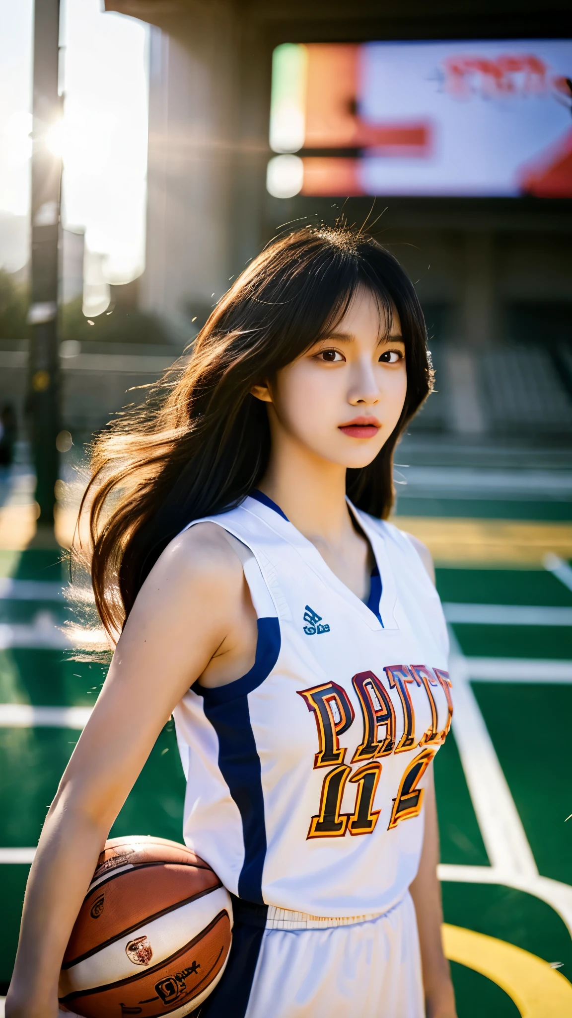(8 thousand, best quality, masterpiece: 1.2), (realistic, realistic: 1.37), very detailed, best quality, ultra high resolution, professional lighting, photon mapping, radio city, Physically Based Rendering, cinematic lighting , Basketball court, depth of field, Concentrate upon, sun rays, good composition, (bokeh: 1.2), 1 girl, (whole body), (closed mouth), beautiful eyes, pose, constriction, basketball uniform, black hair , messy hair, long hair blowing in the wind,(Ulzzang-6500:1.2) mix 4, hiqcgbody