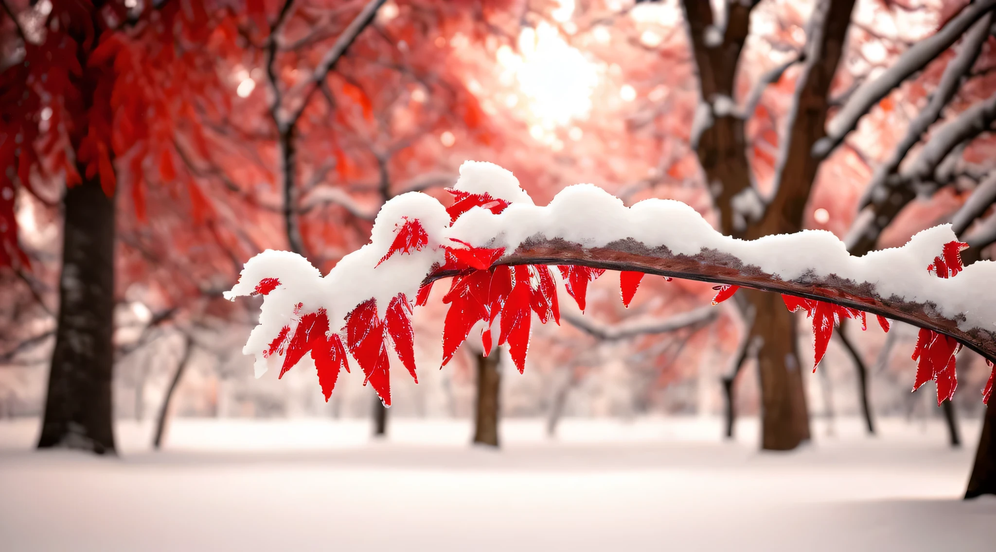 a close up of a tree branch covered in snow with red leaves, with snow covered colourful red, warm beautiful scene, glowing snow, beautiful snowy landscape, snow on trees and ground, winter vibrancy, winter park background, beautiful composition, beautiful winter area, red and white colors, winter setting, winter in the snow, spring winter nature melted snow, snowy winter scene