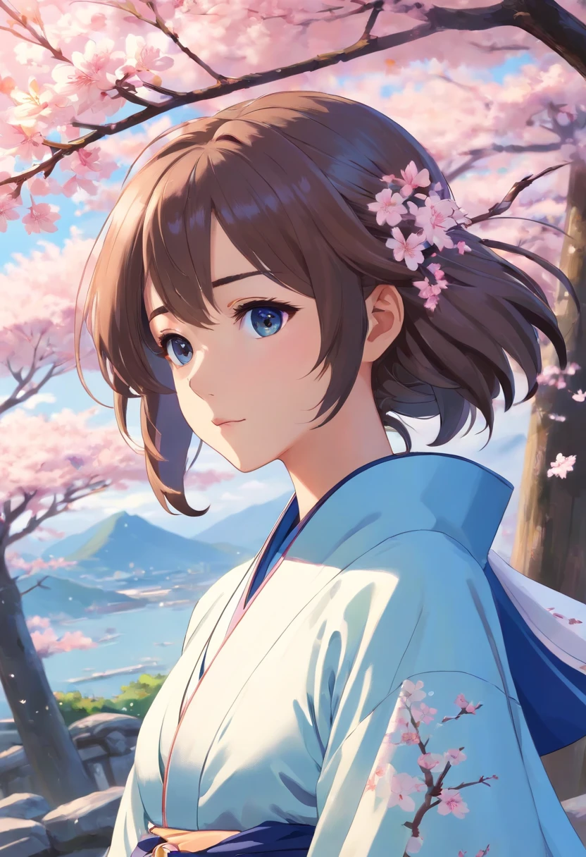 girl, Sakura, Blue and white Hanfu robe, hill, noon, best quality, masterpiece, Representative work, official art, Professional, Ultra intricate detailed, 8k