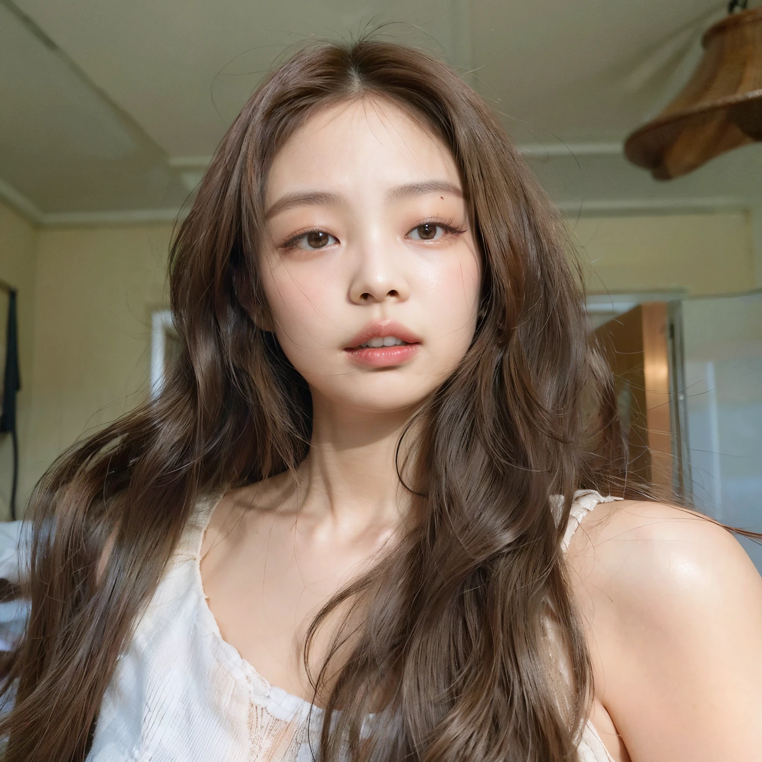 there is a woman with long hair and a white blouse, jennie blackpink, Linda jovem coreana, Heonhwa Choe, linda mulher sul-coreana, Linda jovem coreana, young lovely korean face, a young Asian woman, sem maquiagem cabelos ondulados, maquiagem sul-coreana popular, Gongbi, Asian face, young cute wan Asian face, gema chen