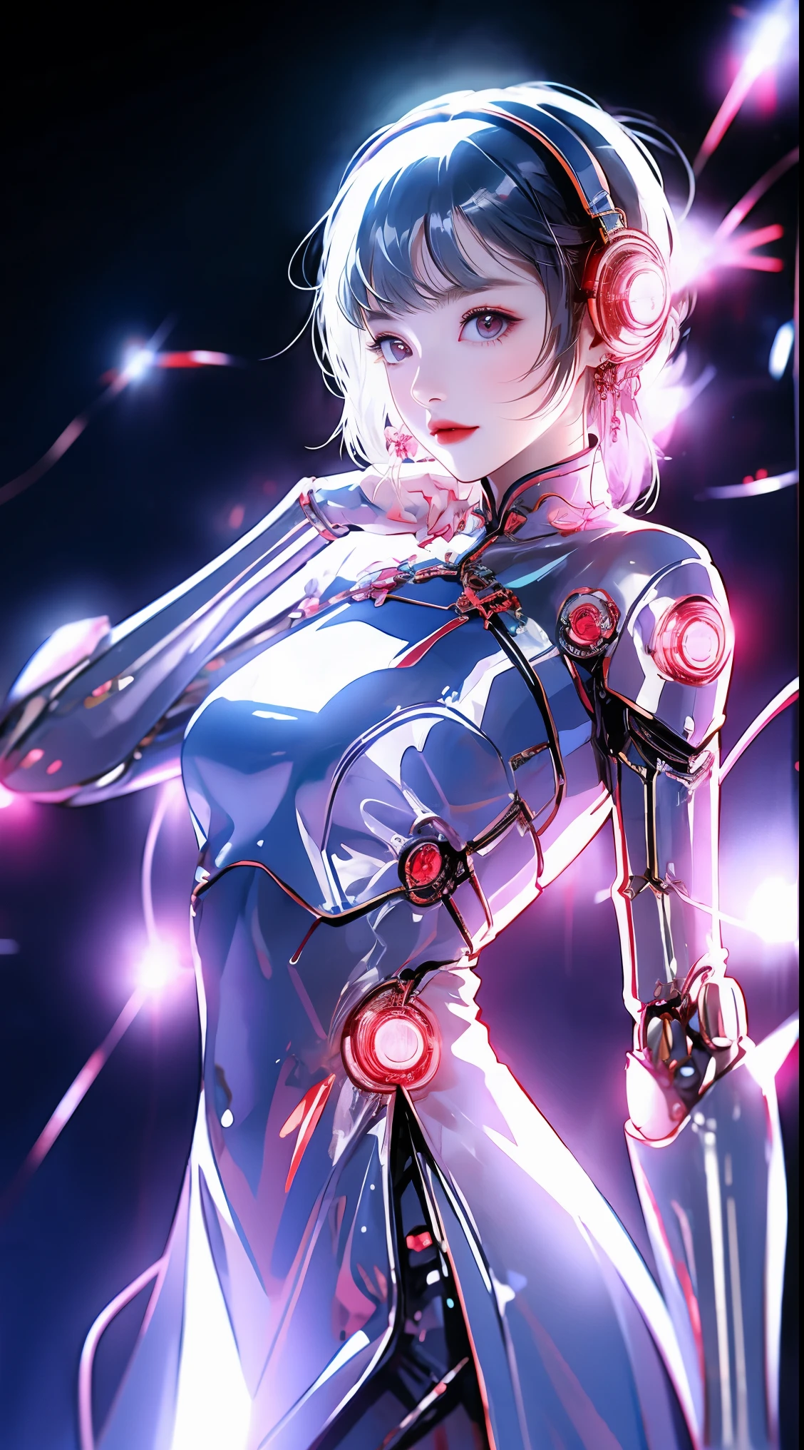 1 girl, Chinese_clothing, liquid silver and pink, cyberhan, cheongsam, cyberpunk city, dynamic poses, Luminous headphones, Luminous hair accessories, long hair, Luminous earrings, glow necklace, cyberpunk, 高science and technology城, full of mechanical and futuristic elements, futuristic, science and technology, glowing neon lights, pink, pink light, Transparent tulle, Transparent streamers, laser, digital background city sky, big moon, There is a vehicle, best quality, masterpiece, 8k, character rim light, Ultra-high detail, high quality, The most beautiful woman in mankind, smile slightly, Face forward and symmetrical, earring, Beautiful pupil light effect, visual data, Silvery-white hair, hair not messy, long hair over the waist, Luminous electronic watch, deep eyes, happy, english graffiti