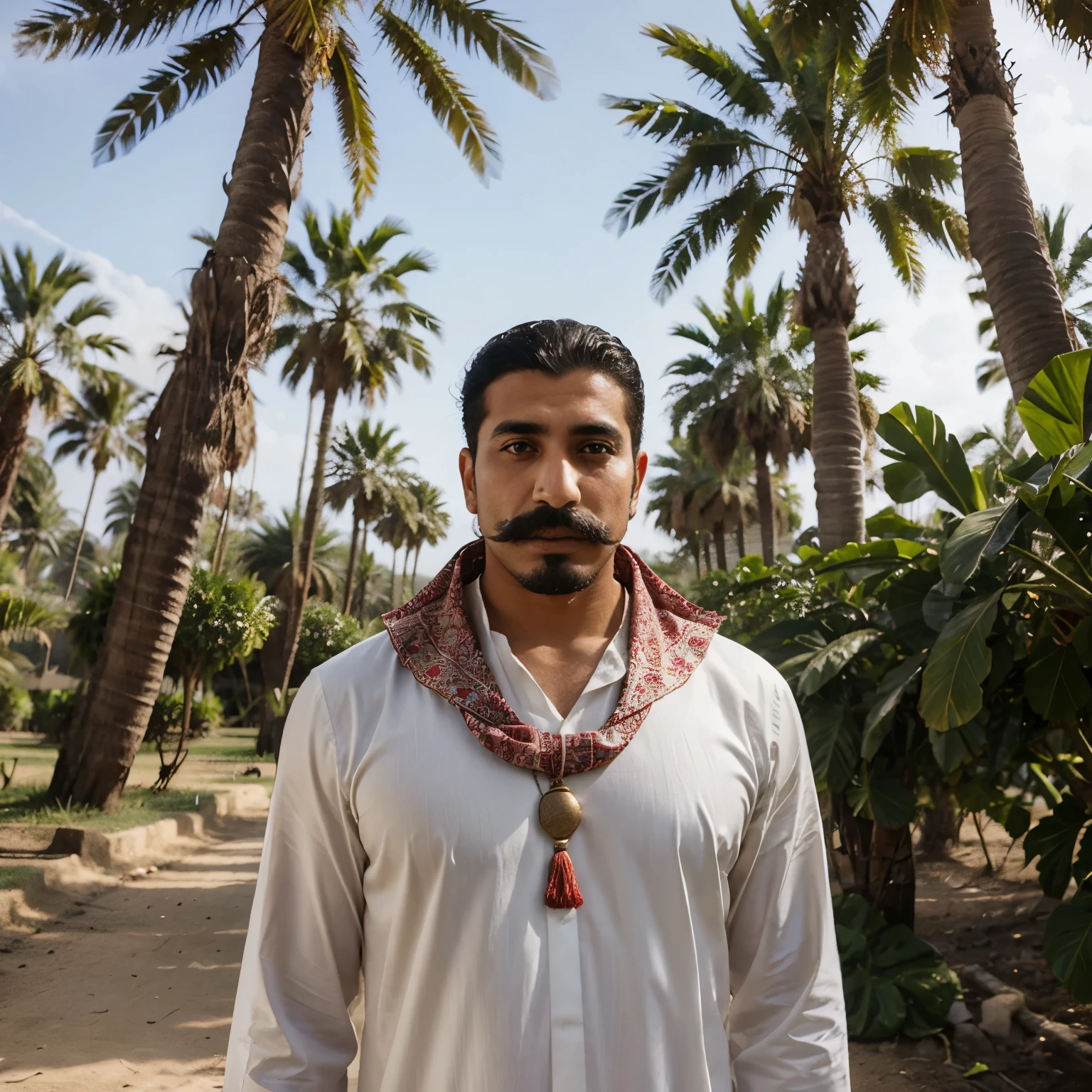 A mustached Arab man wearing a dress and shemagh inside a palm farm