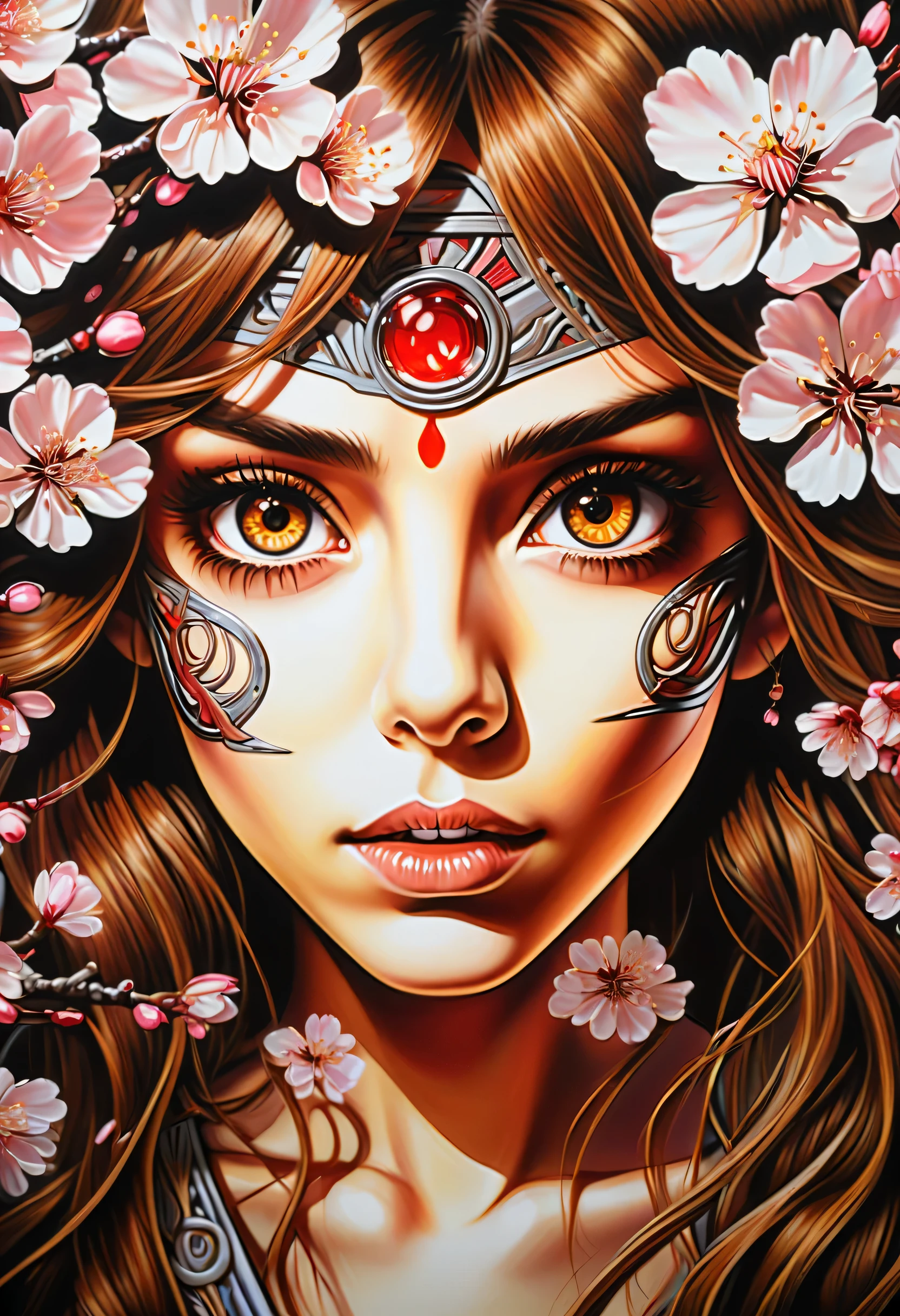 Great bright and bold illustrations, Beautiful detailed brown eyes with a dim glow, iron maiden, medium focus shot, Made of glass with a cherry blossom design, Beautiful detail shine, Intricate detail flower line effect, Like an oil painting, great picture, absurd solution, 16k,