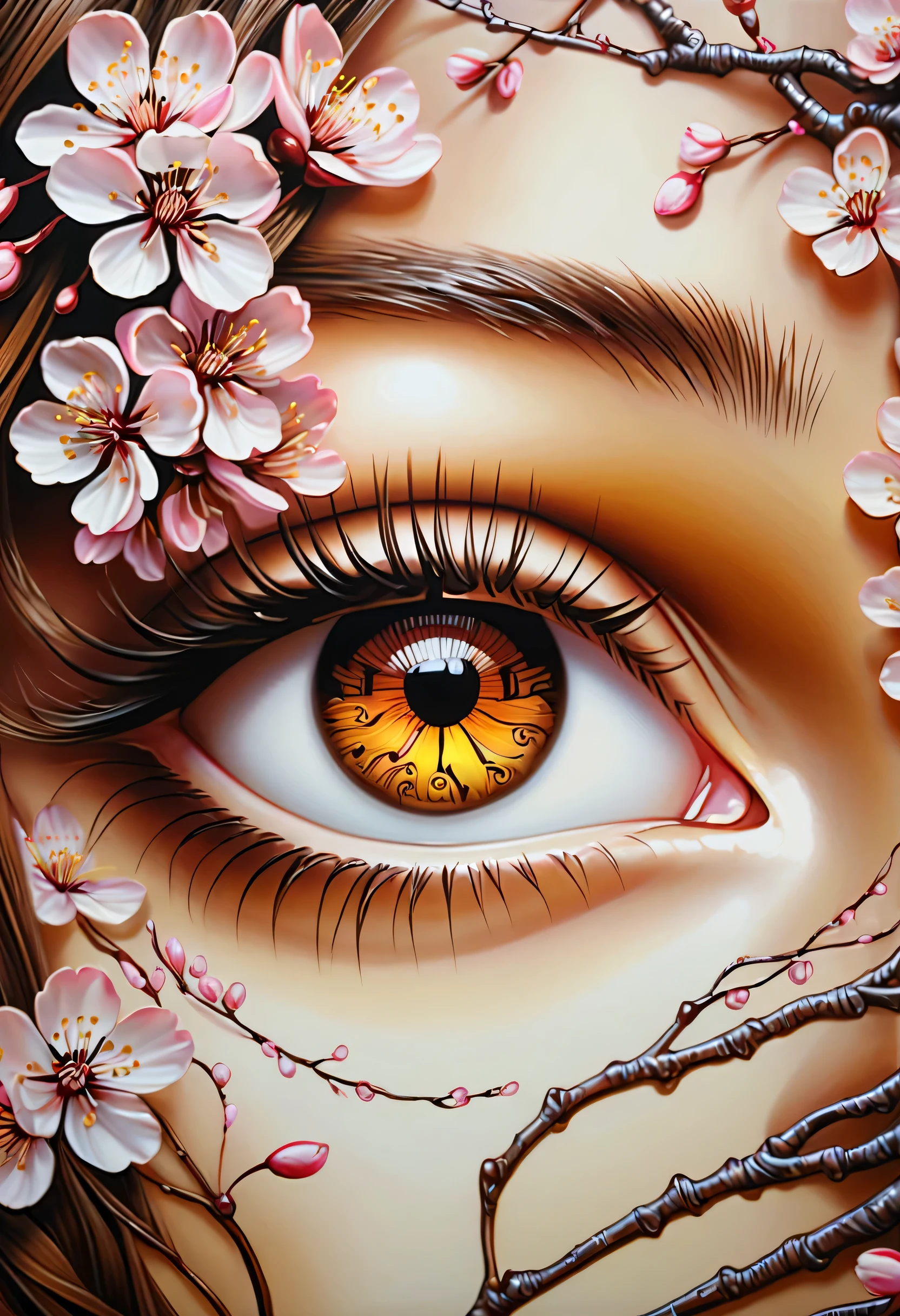 Great bright and bold illustrations, Beautiful detailed brown eyes with a dim glow, iron maiden, medium focus shot, Made of glass with a cherry blossom design, Beautiful detail shine, Intricate detail flower line effect, Like an oil painting, great picture, absurd solution, 16k,