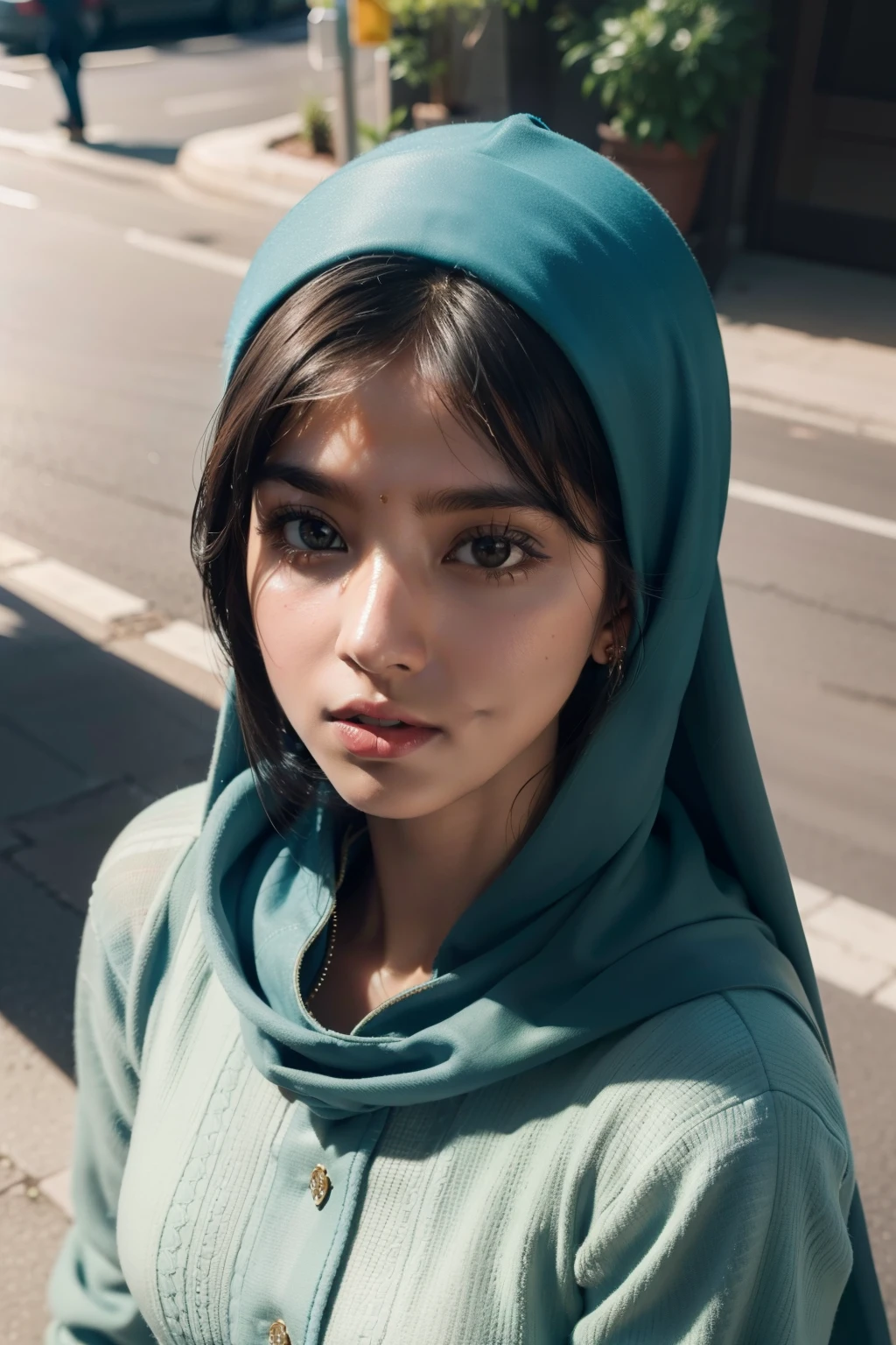 Masterpiece, top image quality, high resolution, solo presentation, Indian Beautiful Muslim Girl, public street scene, observed from above, beautifully detailed eyes and faces, enlarged for an 8k wallpaper, finely detailed features, radiant complexion, cinematic lighting, 18-year-old girl, photorealistic rendering: 1.4, high-definition illustration, ultra-realistic realism, super detailing, intricately detailed hair, lifelike textures.