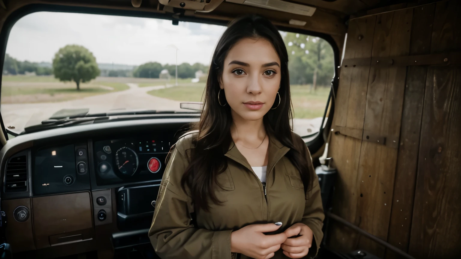 Photo of a 29 year old female, that has a very natural face, thin lips, thin eyes, thin eyebrows, thin nose, earrings, long eyelashes, the left cheek is contaminated with fuel oil,  , tall boots. Standing by the truck. He holds car keys in his hands.