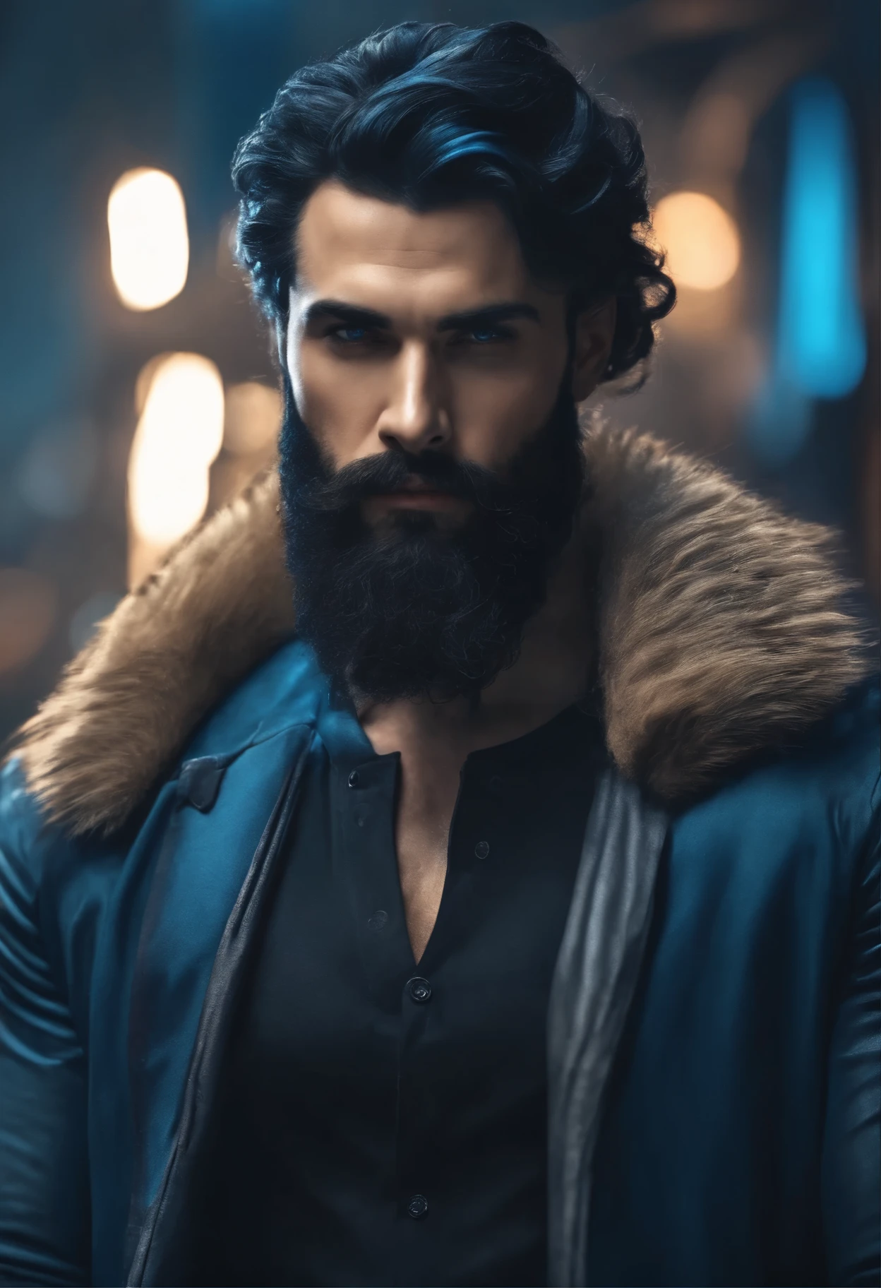(Cyberpunk man in stylish clothes), (with a long, full beard,) (blue eyes) (portrait) Handsome and serious appearance, dark blue hair, Stylish and elegant, and strong body t-shirt, (Realistic and high quality), ((Best quality, 8k, master piece).