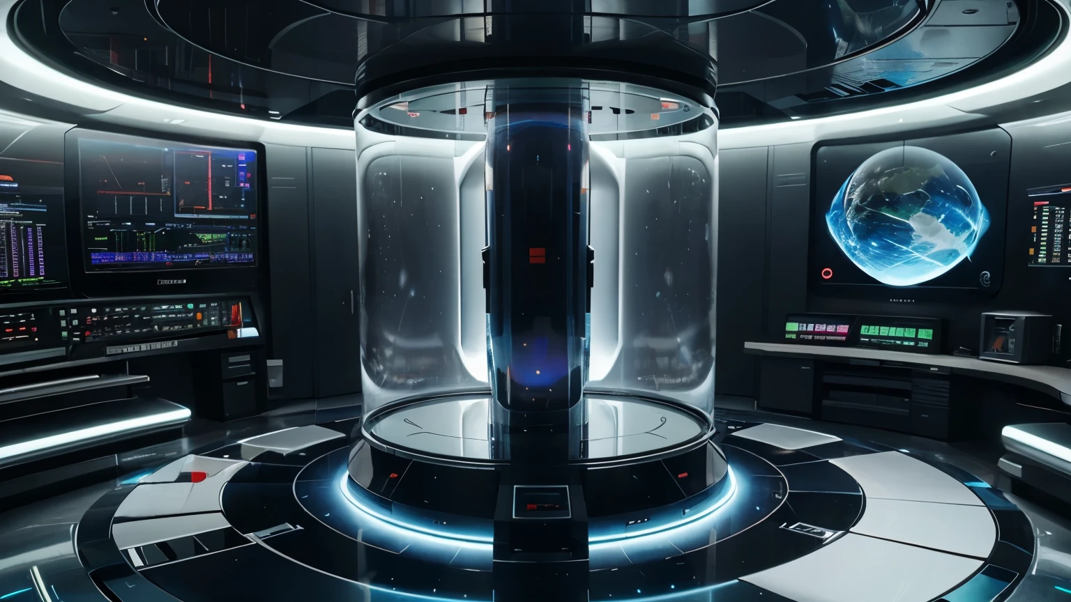 Futuristic futuristic domed laboratory, ((realistic)), day, ultra-advanced, big glass cylinder in the middle, big holographic monitor