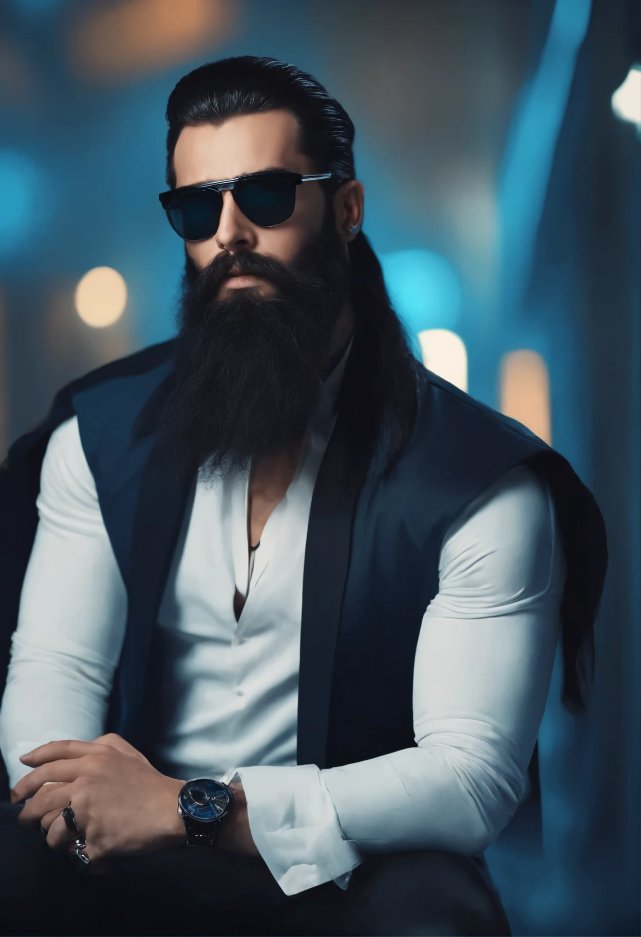 (Cyberpunk man in stylish clothes), (with a long, full beard,) (blue eyes) (portrait) Handsome and serious appearance, dark blue hair, Stylish and elegant, and strong body t-shirt, (Realistic and high quality), ((Best quality, 8k, master piece).