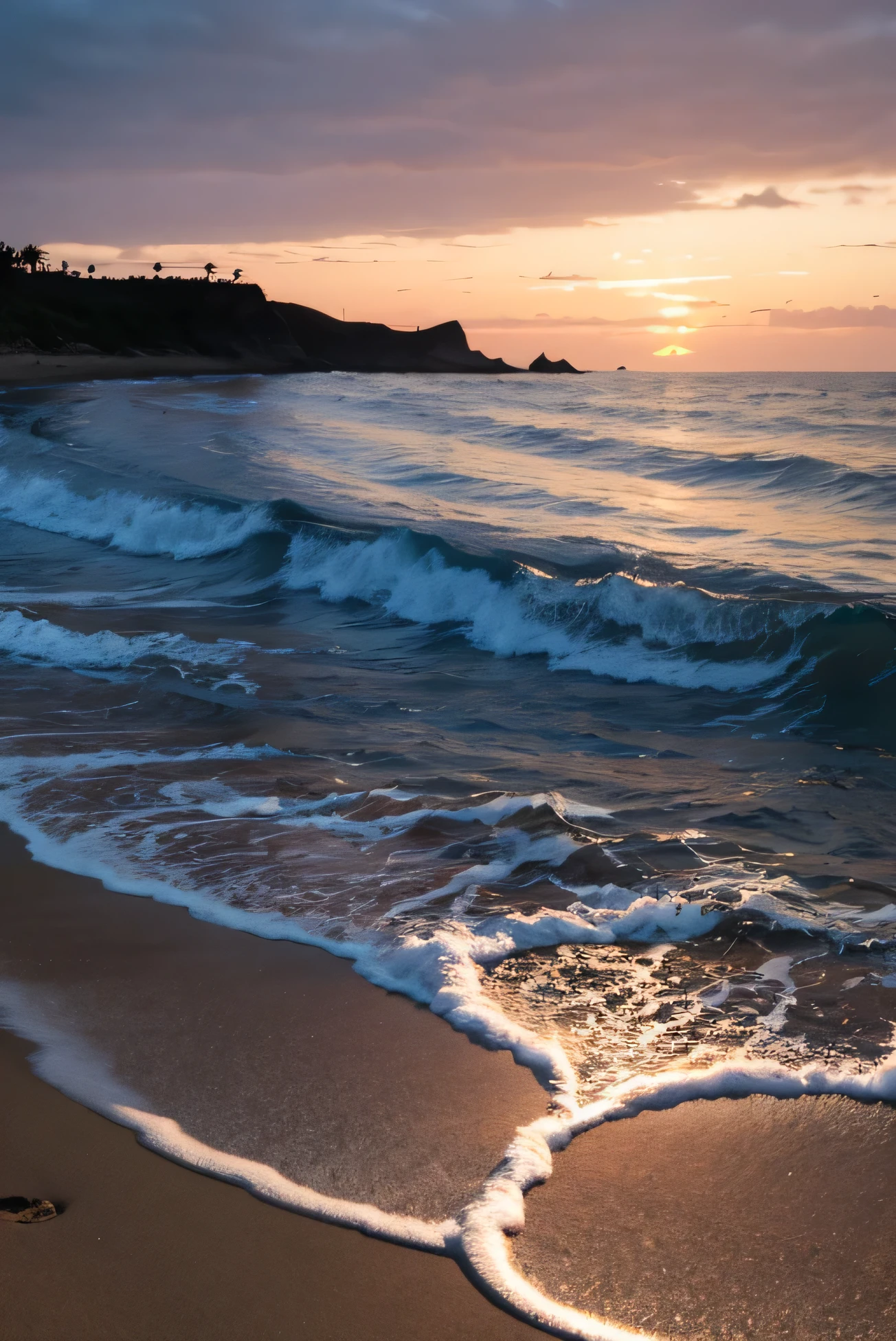 Dusk at sea,glowing beach