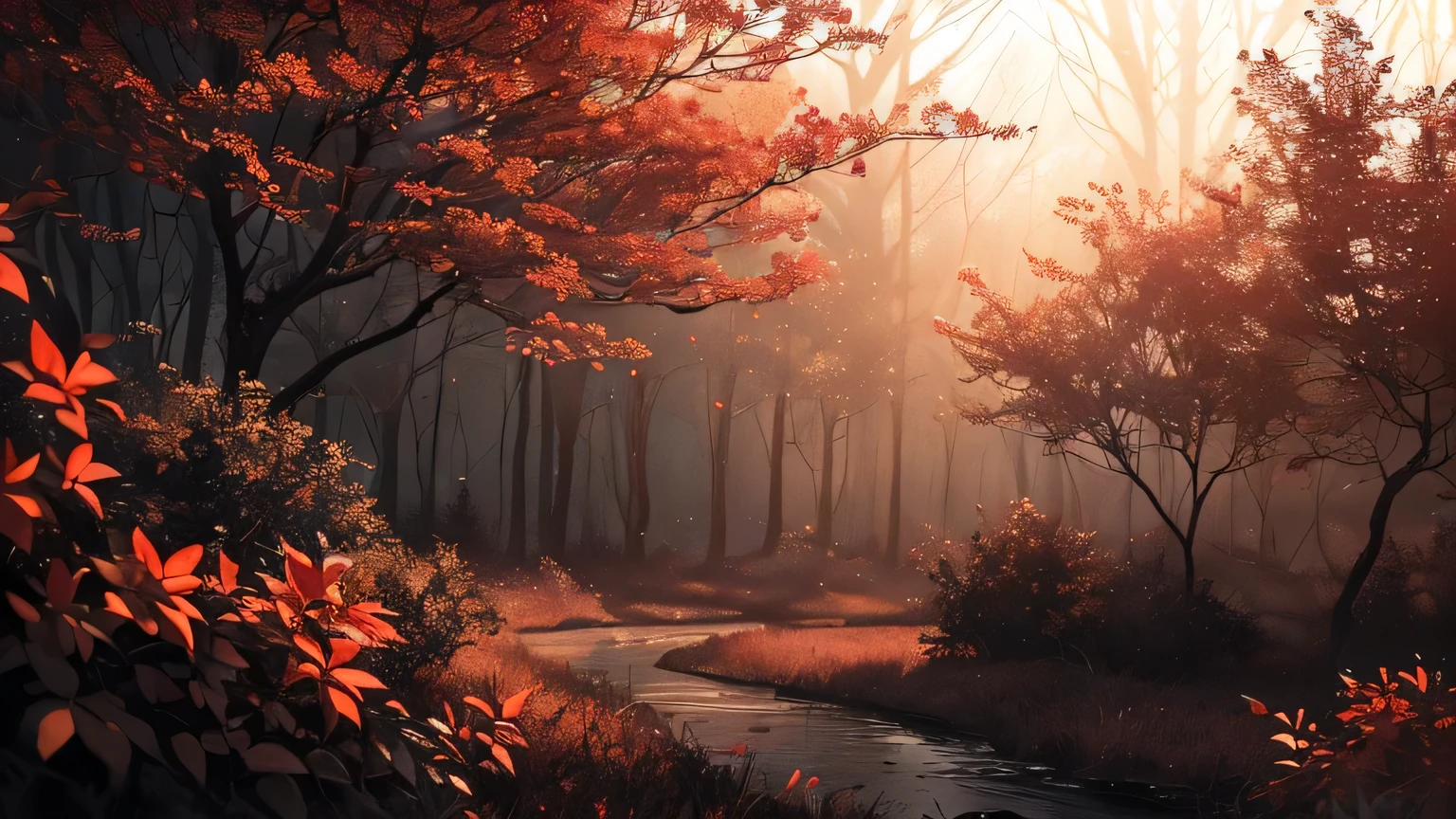 A gloomy and dark forest, with blood red flowers, bats flying, a river of water red like blood, dry trees, (((the forest is extremely sinister and dark, terrifying, with red eyes in the bushes))), {wallpaper of extremely detailed 16k CG unit}, expansive landscape photography, (a low view focusing on the scenery), (wide open field view), (low angle shot), (high light: 1.0), (low light :1.8), (warm light source: 1.5), complex details, (iridescent colors: 1.4), (bright lighting), (atmospheric lighting), Dreamy, unique, dark, perfect reflections