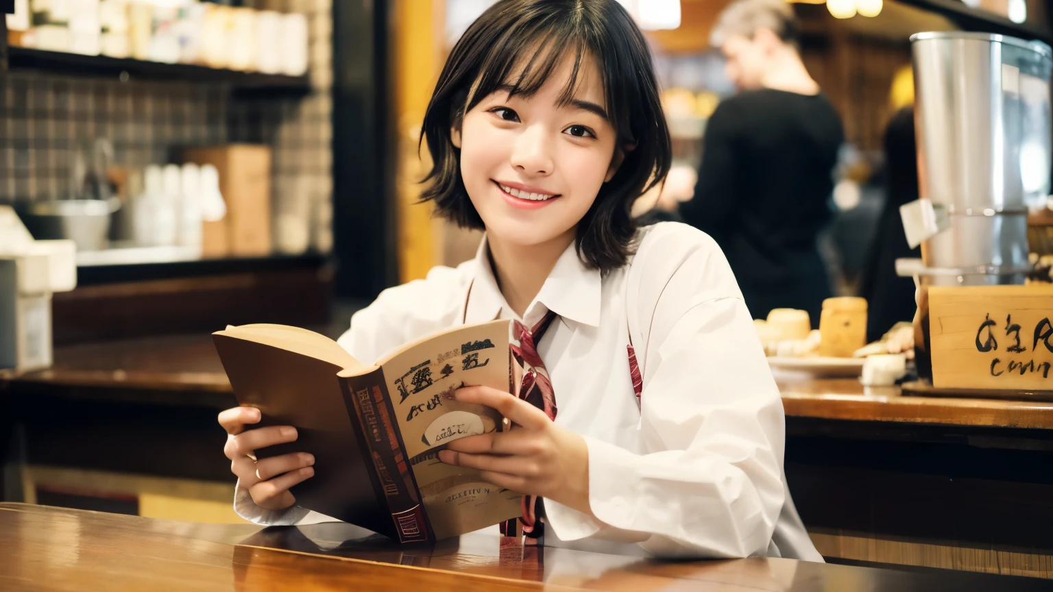 (highest quality、In 8K、32K、masterpiece、nffsw、超A high resolution、Impressionism、Photoreal:1.2)、cowboy shot、sharp focus、detailed face and eyes、(There is a plate of cake and coffee on the table, Cafe, Sitting at a mocha-colored table, dessert, ミニチュアCafeジオラマ, ダイナーCafe, at the coffee shop, 居心地の良いCafeの背景, enjoying coffee at a coffee shop, Cafeに座っている, Photographed with Sony Alpha 1 camera, by Maki Haku)、sharp pupils、beautiful face、20 year old beautiful girl、shiny skin、medium short、beautiful dark brown hair、dull bangs、shirt、tie、plaid mini skirt、black socks、(happy smile:1.2)、ニューヨークの明るく活気あるCafeの中で、Draws a scene where a beautiful model-like woman is immersed in reading.。She is a Japanese college student、茶髪のmedium shortヘアをしており、It stands out for its beauty。Female college students、He was concentrating on a book on the table in front of her.、All around you, you can see other customers enjoying their time.。Cafeの奥では、The staff are busy working at the counter.、都市のCafe特有のにぎわいと温かみが感じられる。This scene is、The calm beauty of a female college student enjoying a quiet reading time.、Cafeの活気ある日常生活が融合した瞬間を捉えています。