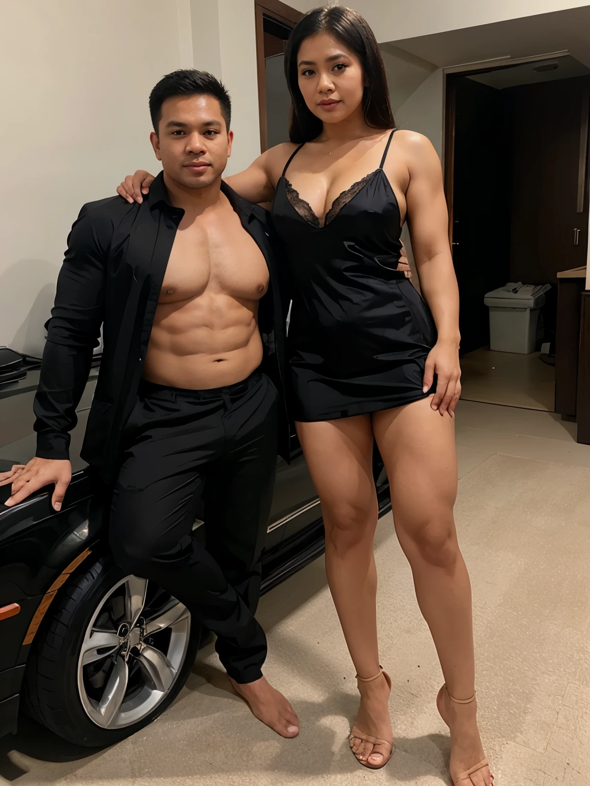 full body of an indonesian housewife wearing a short black transparan negligee between and the muscle guy