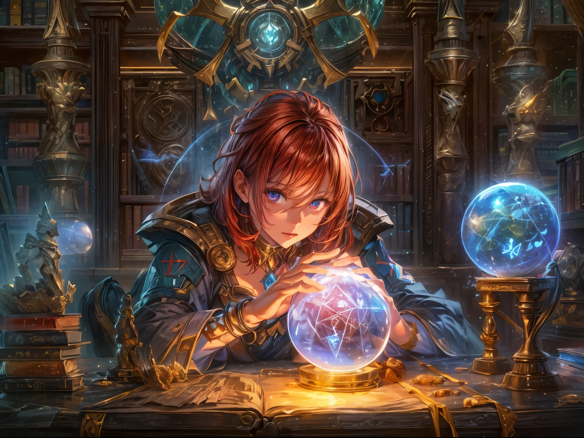 arafed, high details, best quality, 16k, [best detailed], masterpiece, best quality, (extremely detailed), a view from the rear (best details, Masterpiece, best quality), photorealistic, fantasy art, RPG art, a picture of a human mecha woman sorceress sittings in her magical lab, divining distant places in her crystal ball, epic beautiful mecha human woman (best details, Masterpiece, best quality), ultra detailed face (best details, Masterpiece, best quality), red hair, short hair, red eyes, dynamic dress (best details, Masterpiece, best quality), magical library, with many books, and magical runes and wards, glowing arcane sigils GlowingRunes_paleblue, crystal ball (best details, Masterpiece, best quality) on table, runes on crystal balls GlowingRunes_yellow, fantasy magical library background (best details, Masterpiece, best quality), Ultra-Wide Angle, high detail, award winning, best quality, HD, 16K, 3D rendering, high details, best quality, highres, ultra wide angle, 3D rendering, [[anatomically correct]]