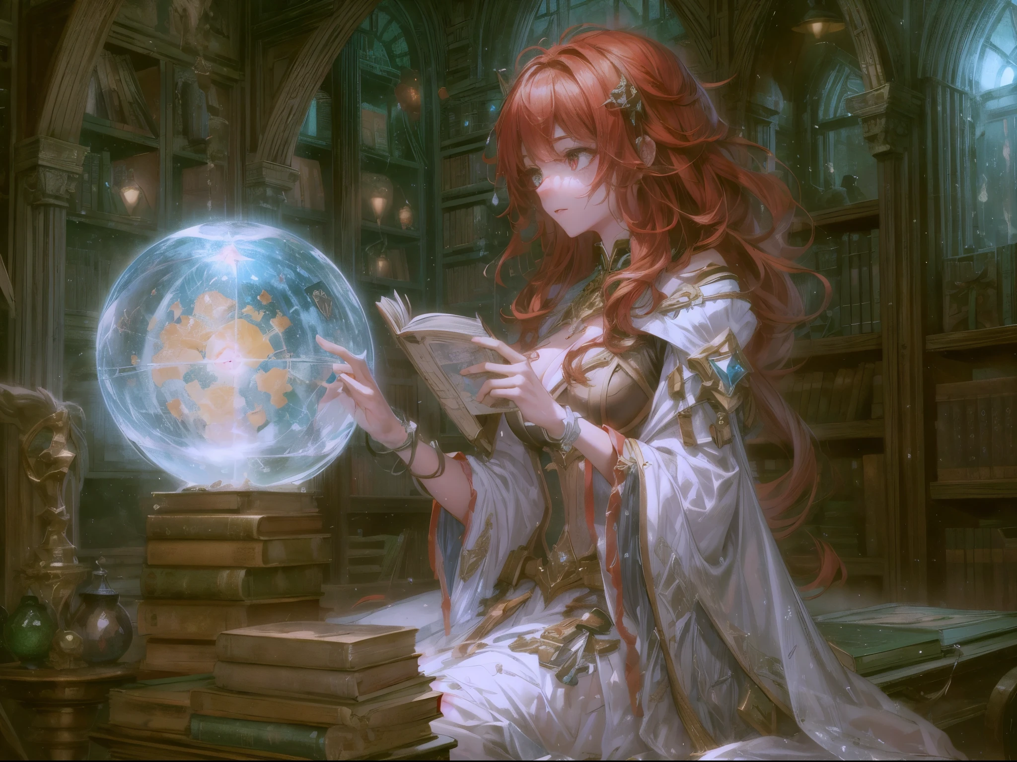 arafed, high details, best quality, 16k, [best detailed], masterpiece, best quality, (extremely detailed), a view from the rear (best details, Masterpiece, best quality), photorealistic, fantasy art, RPG art, a picture of a human mecha woman sorceress sittings in her magical lab, divining distant places in her crystal ball, epic beautiful mecha human woman (best details, Masterpiece, best quality), ultra detailed face (best details, Masterpiece, best quality), red hair, short hair, red eyes, dynamic dress (best details, Masterpiece, best quality), magical library, with many books, and magical runes and wards, glowing arcane sigils GlowingRunes_paleblue, crystal ball (best details, Masterpiece, best quality) on table, runes on crystal balls GlowingRunes_yellow, fantasy magical library background (best details, Masterpiece, best quality), Ultra-Wide Angle, high detail, award winning, best quality, HD, 16K, 3D rendering, high details, best quality, highres, ultra wide angle, 3D rendering, [[anatomically correct]]