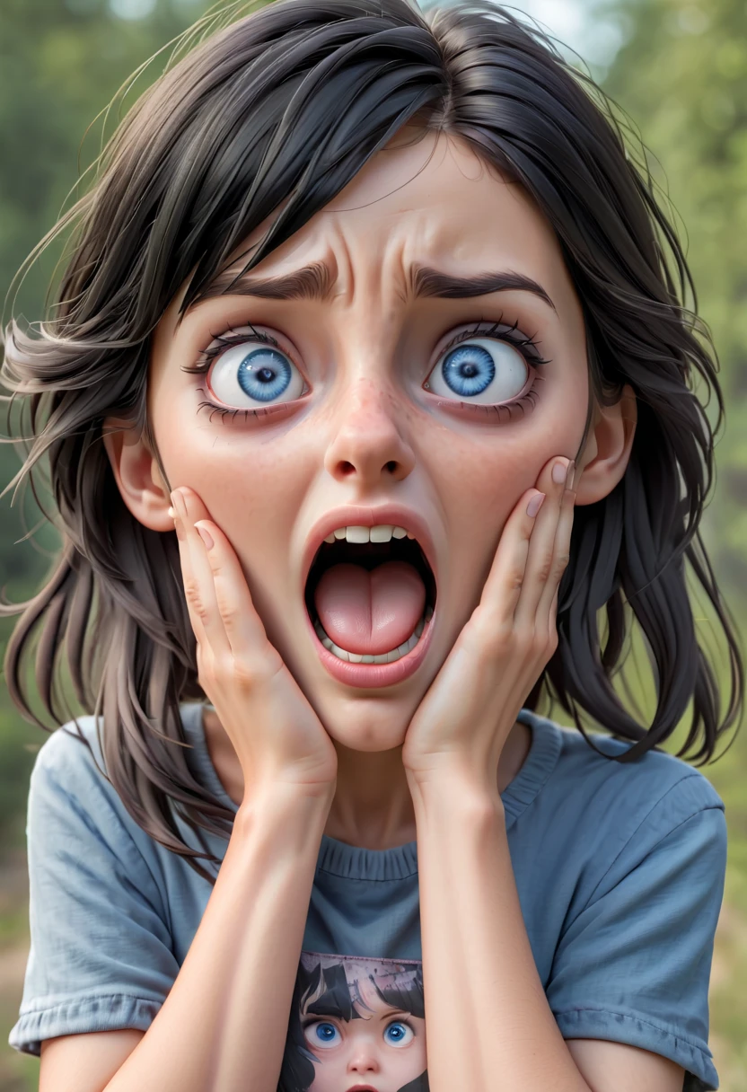 (best quality,realistic:1.37),ultra-detailed,photorealistic,girl,black hair,blue eyes,scared with mouth wide open, hands on face,detailed