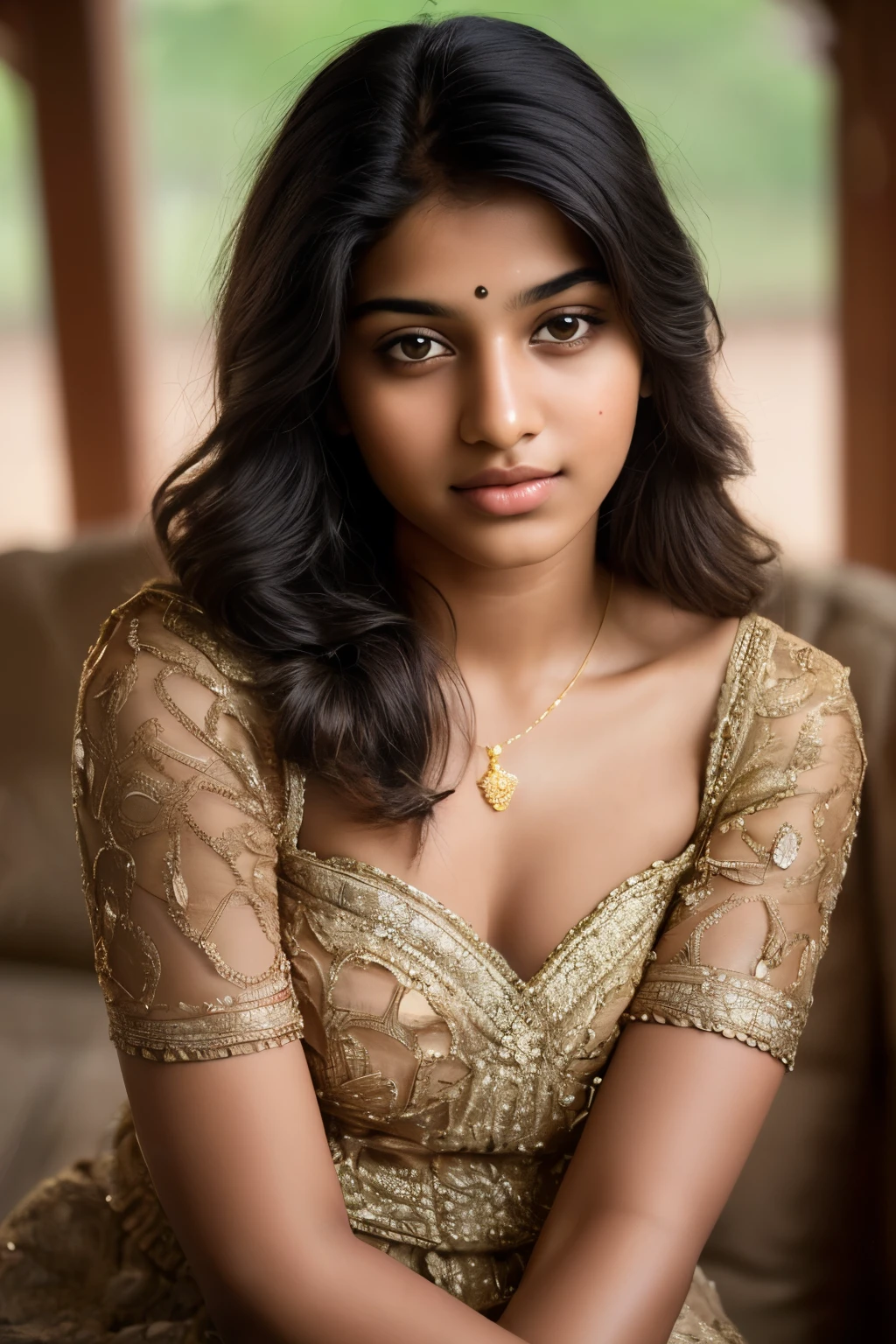 Indian Muslim girl, with a captivating Indian face, poses confidently for a glamour shot. The photograph was expertly captured using a Canon 6D Mark II with an 85mm lens, set at an aperture of f/4 and ISO to ensure a balanced exposure. The natural lighting softly illuminates her features, adding depth and dimension to her intricate skin texture.
In the post-processing stage, film grain was delicately added to the image, enhancing its aesthetic appeal and making it reminiscent of a painting or drawing. Every detail – from the subtle texture of her clothing to the intricacies of her features – is brought to life with sharp focus