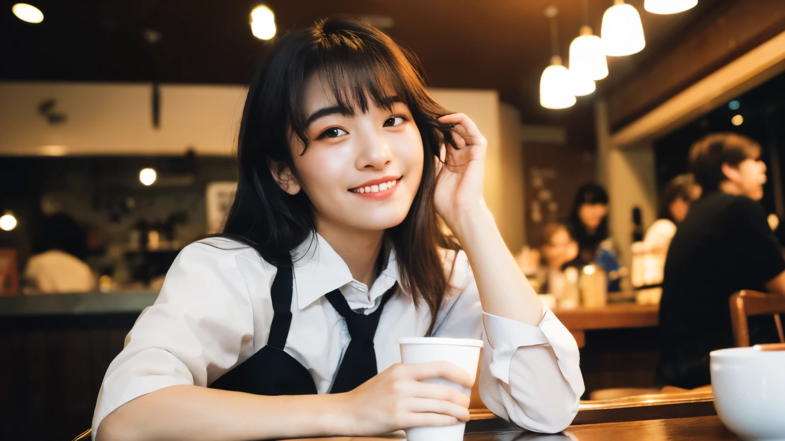 (highest quality、In 8K、32K、masterpiece、nffsw、超A high resolution、Impressionism、Photoreal:1.2)、cowboy shot、sharp focus、detailed face and eyes、(There is a plate of cake and coffee on the table, Cafe, Sitting at a mocha-colored table, dessert, ミニチュアCafeジオラマ, ダイナーCafe, at the coffee shop, 居心地の良いCafeの背景, enjoying coffee at a coffee shop, Cafeに座っている, Photographed with Sony Alpha 1 camera, by Maki Haku)、sharp pupils、beautiful face、20 year old beautiful girl、shiny skin、medium short、beautiful dark brown hair、dull bangs、shirt、tie、plaid mini skirt、black socks、(happy smile:1.2)、ニューヨークの明るく活気あるCafeの中で、Draws a scene where a beautiful model-like woman is immersed in reading.。She is a Japanese college student、茶髪のmedium shortヘアをしており、It stands out for its beauty。Female college students、He was concentrating on a book on the table in front of her.、All around you, you can see other customers enjoying their time.。Cafeの奥では、The staff are busy working at the counter.、都市のCafe特有のにぎわいと温かみが感じられる。This scene is、The calm beauty of a female college student enjoying a quiet reading time.、Cafeの活気ある日常生活が融合した瞬間を捉えています。