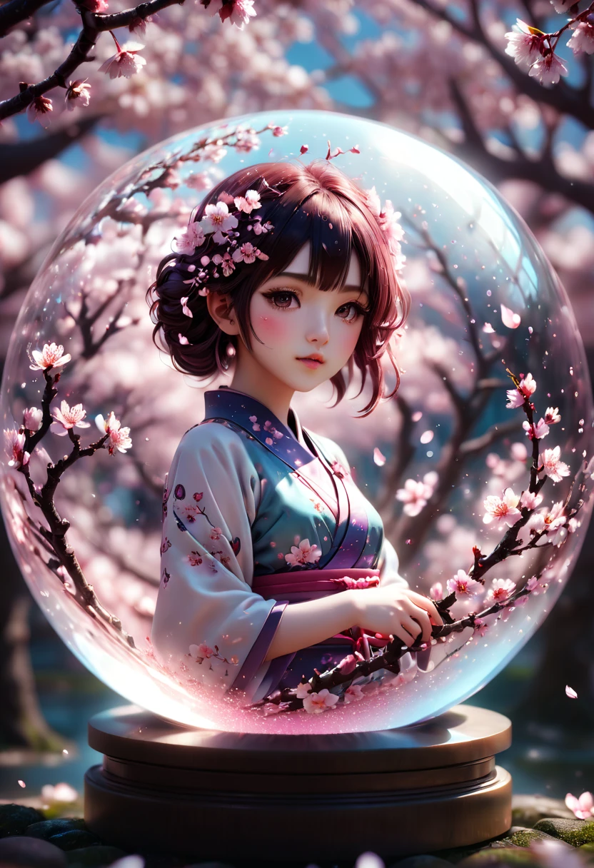 1girl, The Sakura Maiden, aesthetic, Cherry blossom in a glass sphere tilt shift 16k bokeh sparkles surrounded by floating petals, detailed matte painting, deep color, fantastical, intricate detail, splash screen, complementary colors, fantasy concept art, 8k resolution trending on Artstation Unreal Engine 5