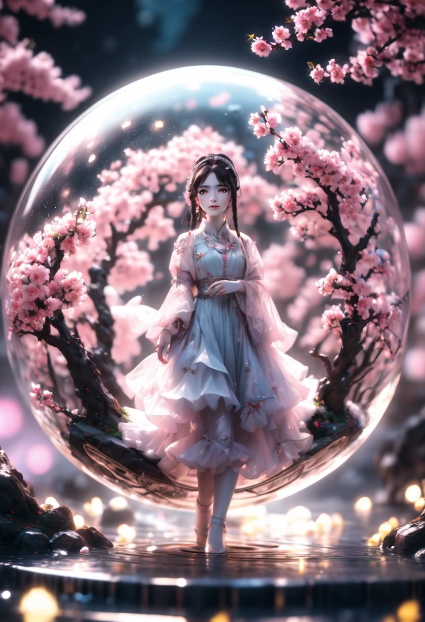 1girl, The Sakura Maiden, aesthetic, Cherry blossom in a glass sphere tilt shift 16k bokeh sparkles surrounded by floating petals, detailed matte painting, deep color, fantastical, intricate detail, splash screen, complementary colors, fantasy concept art, 8k resolution trending on Artstation Unreal Engine 5