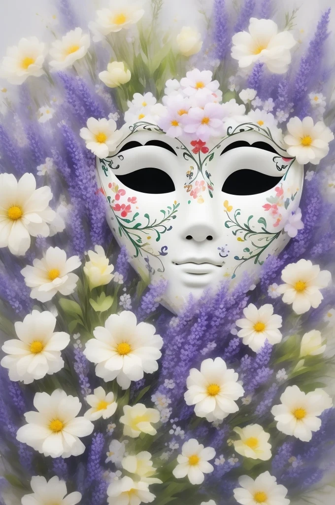 Mask in the sea of flowers,White mask surrounded by flowers
