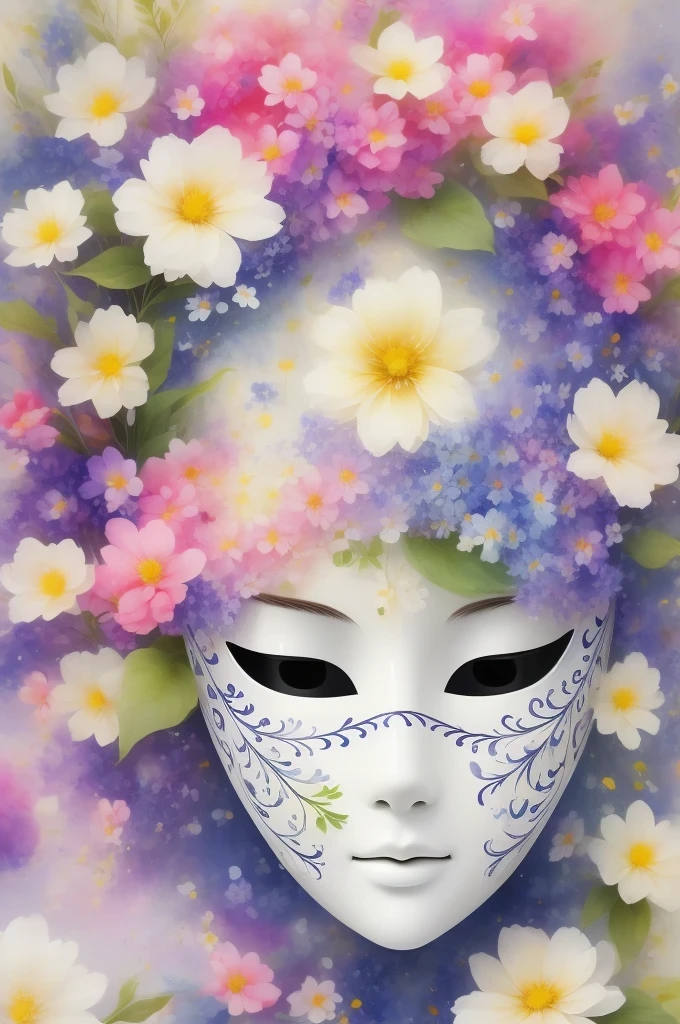 Mask in the sea of flowers,White mask surrounded by flowers
