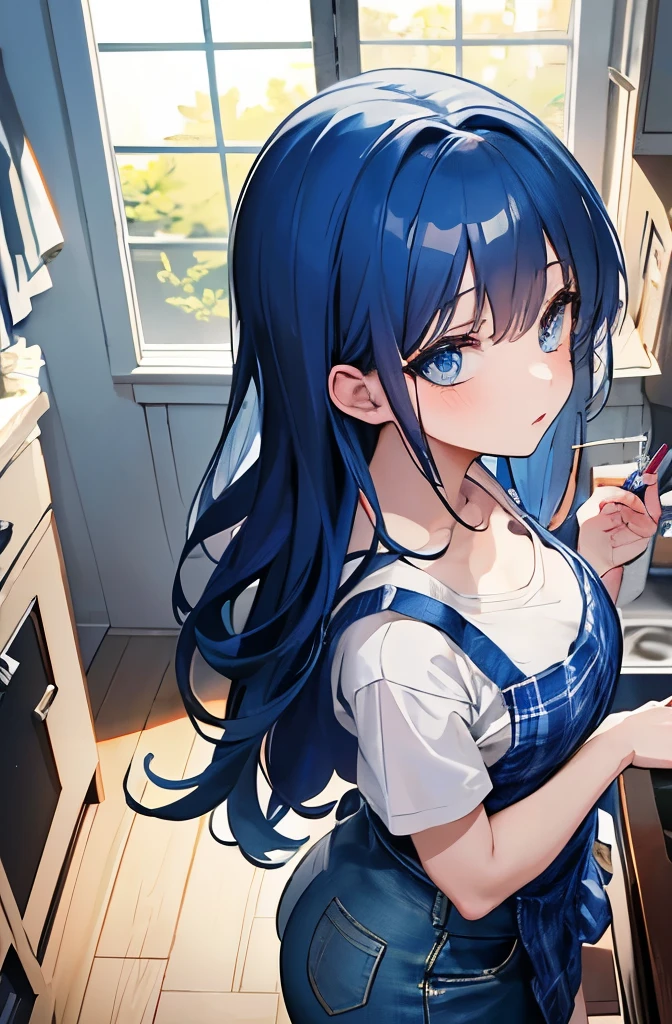 8K, highest quality, masterpiece, super detailed、bright blue hair、medium long hair、full lips、blue eyes、cover your butt with your hands、lipstick、medium breasts、whole body、Cooking、Wearing a plaid apron、Wearing slippers、blush、Kitchen at home、wearing a plaid apron、Angle from above、perfect hands、detailed hands、valleyが見える、vneckTshirt、jeans、valley、、perfect hands、detailed hands