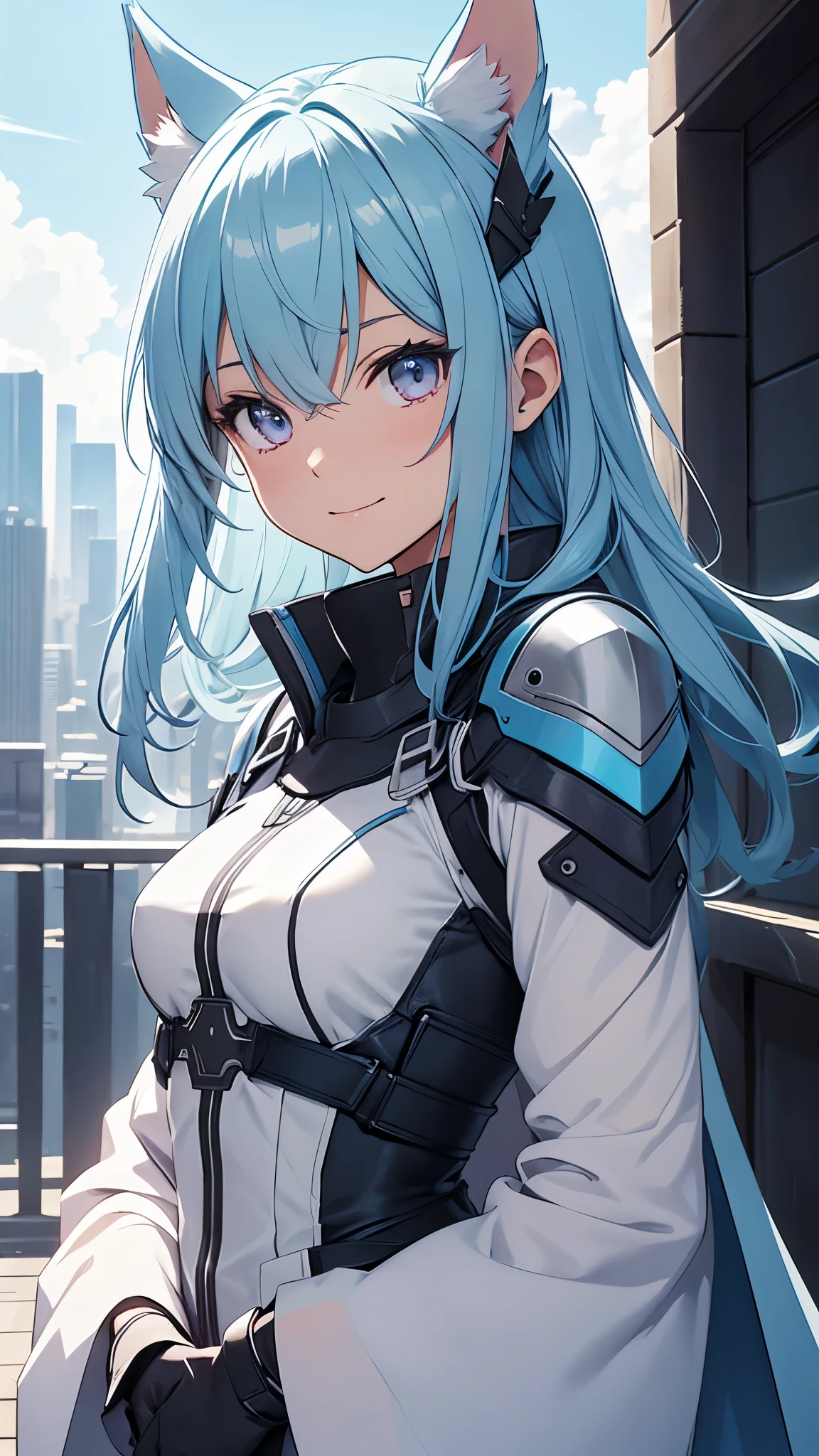 detailed、1 character、pastel washed out colors、cell shade、Soft and calm colors、gentle color、Blue archive art style、Sword Art Online and wearing futuristic style clothes、Beautiful woman、small breasts、light blue hair、dog ears、pink eyes、From the side、gloves、bright smile、upper body close-up、blue sky、Large rooftop、sharp outline