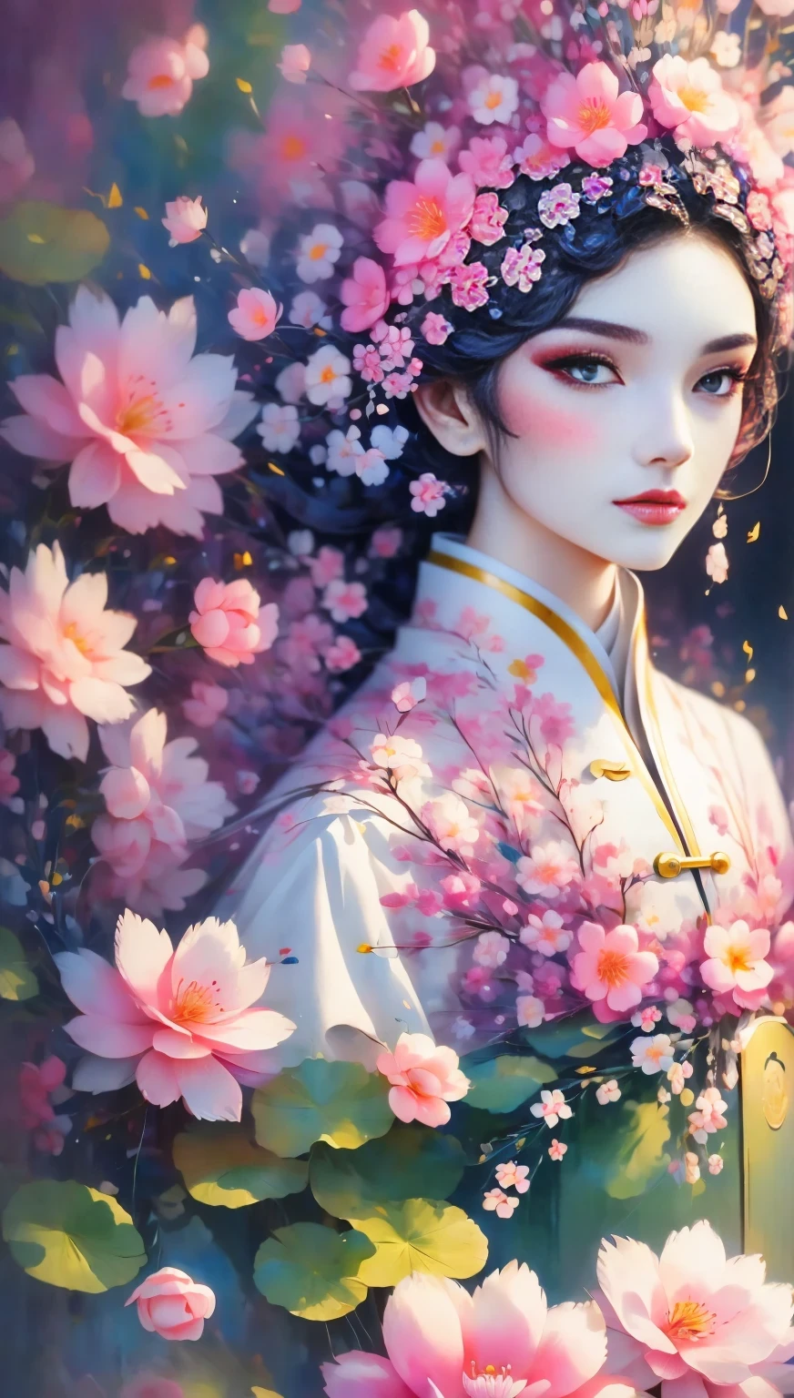 (((Baiyun,Sakura background))), (((high saturation))), ((surrounded by brilliant colors)))) super detailed, Beautiful and beautiful, masterpiece, best quality, (tangled, mandala, tangled, twist), (Fractal art: 1.3), 1 girl, Very detailed, dynamic angle, cowboy shooting, Chaos in its most beautiful form, elegant, brutalist design, bright colors, romanticism, Michael Mraz, Adrian Gurney, Petra Courtright, Atmospheric, ecstatic notes, Mobile phone notes are visible