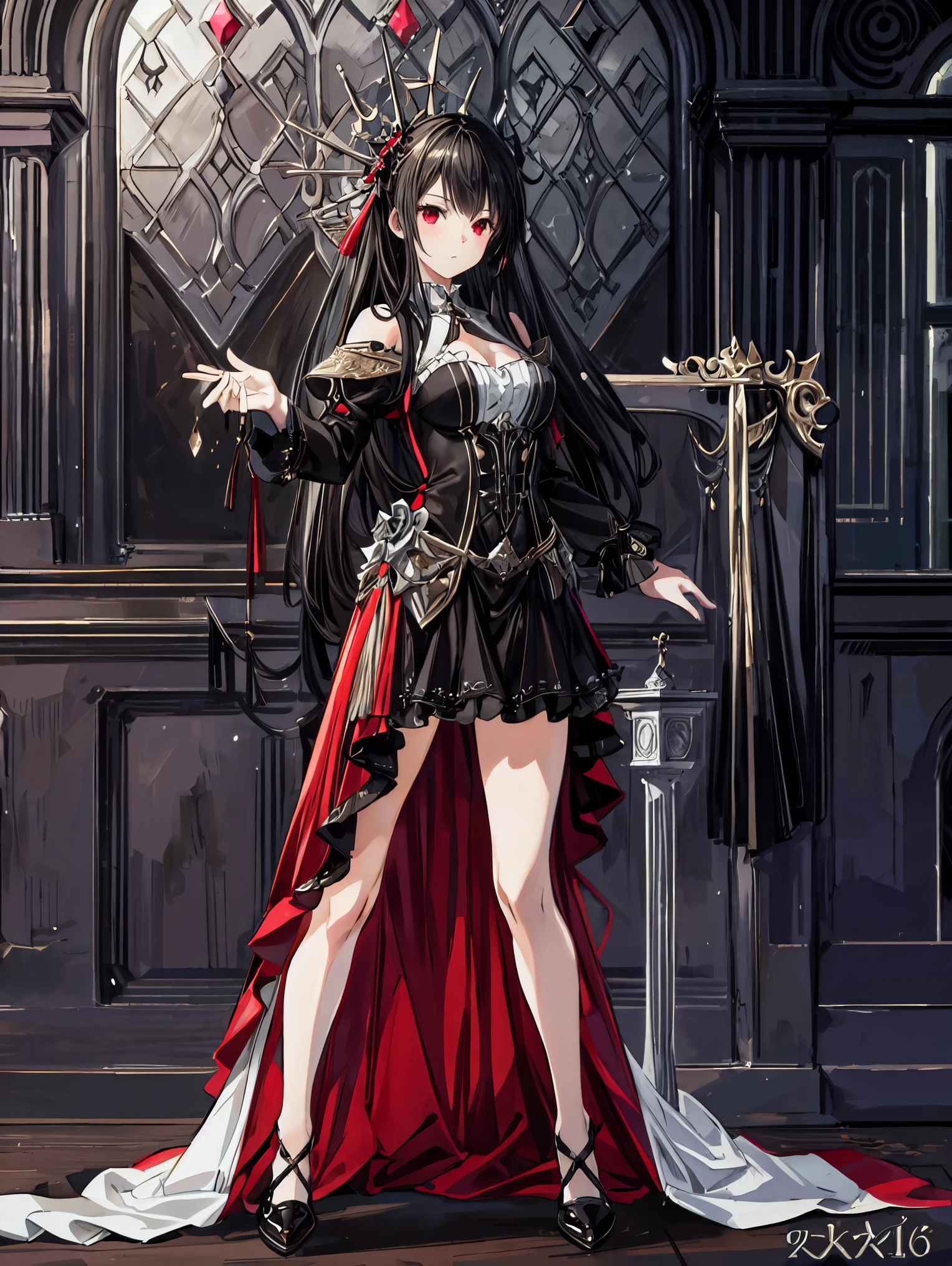 (best quality,4k,8k,highres,masterpiece:1.2),ultra-detailed,(realistic,photorealistic,photo-realistic:1.37),gothic girl,long black hair,red eyes,detailed face and eyes,16-year-old girl,1.60 meters tall,long black dress,gothic atmosphere,dark background,dramatic lighting,vivid colors,portraits,sharp focus. ((A girl is interacting and leaning on anything+object+on something+pose)), Maximum sharpness, UHD, 16K, anime style, best possible quality, ultra detailed, best possible resolution, ((full_body image)), perfect hand, fingers, hand, perfect, better_hands, More detail, more detail, less detailore detail, less detail 
| {She is interacts with the scenery, her behavior exuding her emotions}, ((perfect_pose)), ((perfect_pose):1.5), (((full body image))), ( (perfect_fingers, perfect_hands, best_handore details)), |
| {The camera is positioned very close to her, revealing her entire body, interacting with and leaning on a structure in the scene in an exciting way}, |  