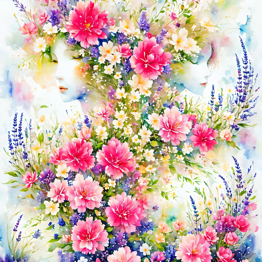 (masterpiece, best quality:1.2), Watercolor flower paintings present a delicate and refreshing visual effect. Sakura and lavender fields，The perfect combination of nature and romance. The screen is dominated by a white background, Highlight isolated watercolor flower. Splash technology recreates wet conditions, Create a hazy and dreamy atmosphere. The unique composition and abstract expression add an artistic touch to the picture, Contains elements of surrealism. The overall color tone is mainly light colors, Pink and green complement each other, Show high-resolution details. The splash effect adds a dynamic feel to the image, The light color gives the flowers a deep and restrained beauty.